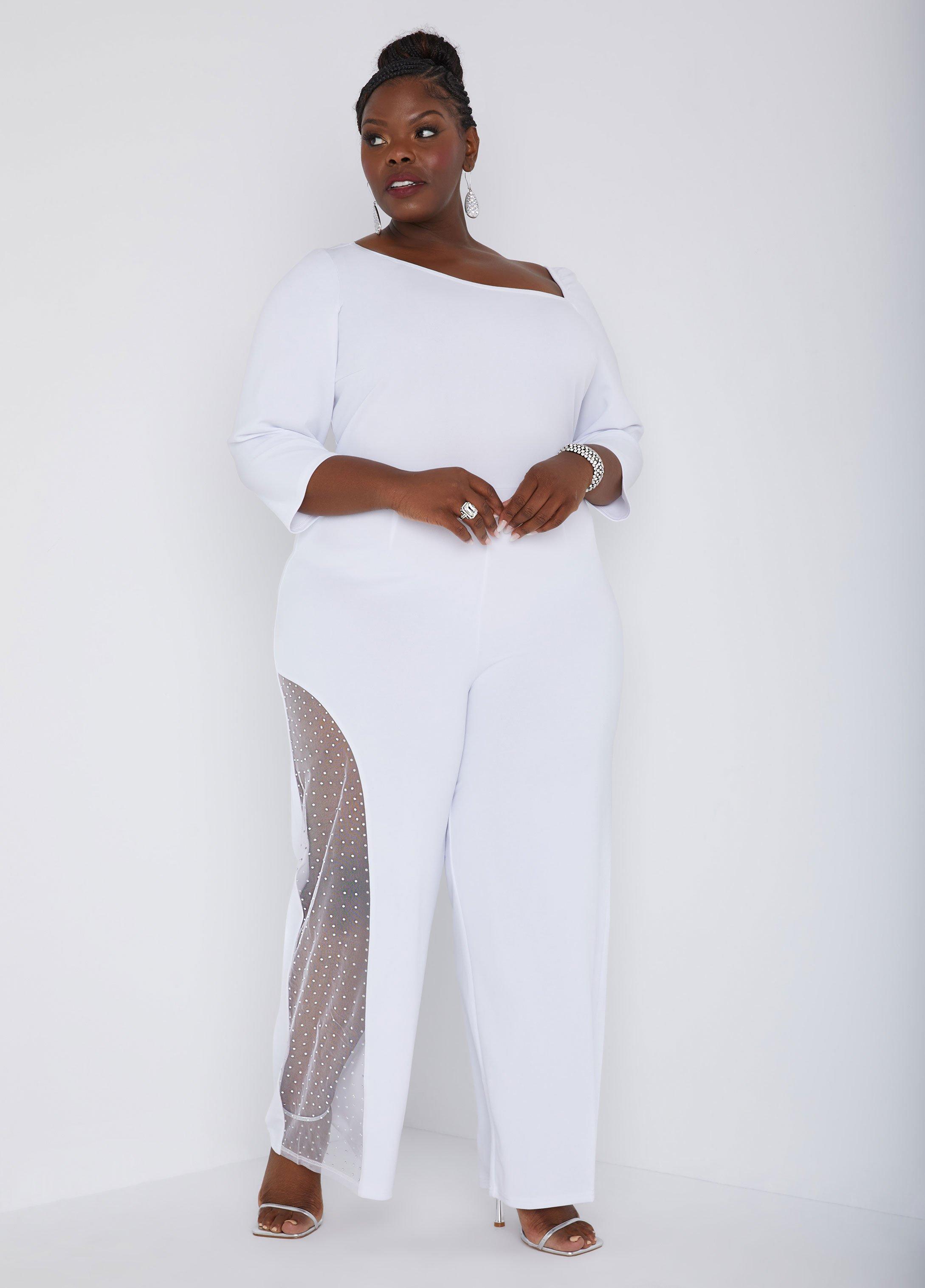 Plus Size Embellished Mesh Paneled Jumpsuit Ashley Stewart Product Image