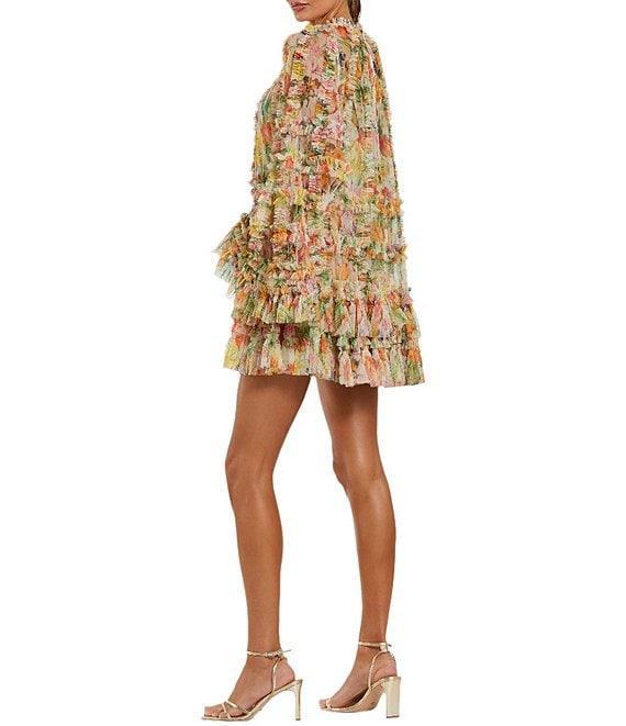 Mac Duggal Mesh Floral Print Mock Neck Long Sleeve Ruffle Shift Mini Dress Product Image