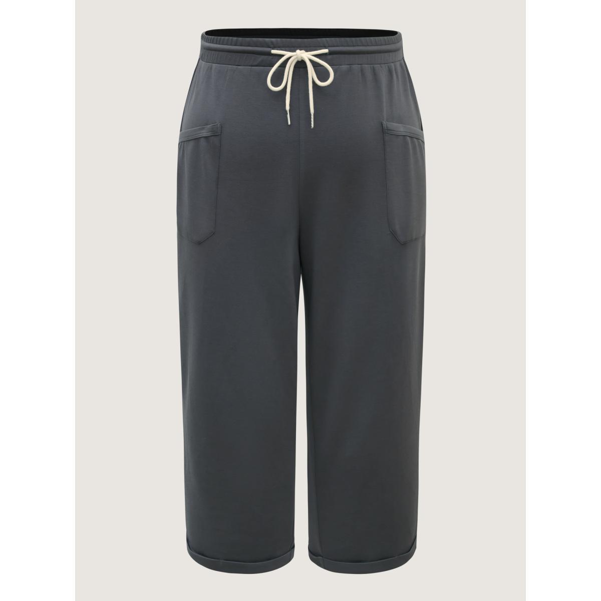 Plus Size Rolled Hem Drawstring Straight-Leg Pants Women Heather Leisure Straight Leg Mid Rise Casual Pants BloomChic 18-20/2X Product Image