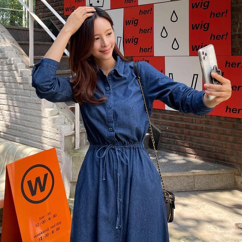 Long-Sleeve Denim Maxi A-Line Shirt Dress Product Image