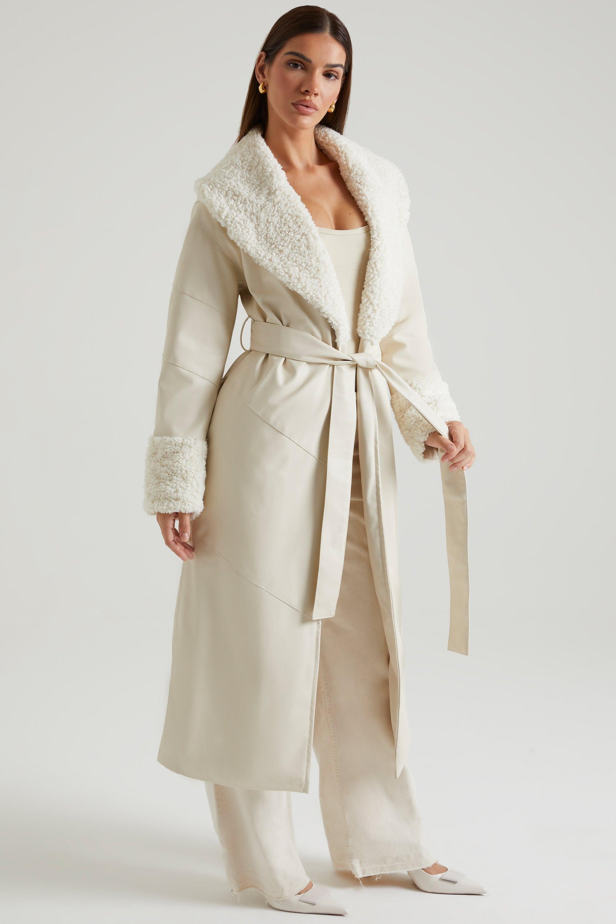 Tie Up Coat with Shearling Collar and Cuffs in Cream Product Image