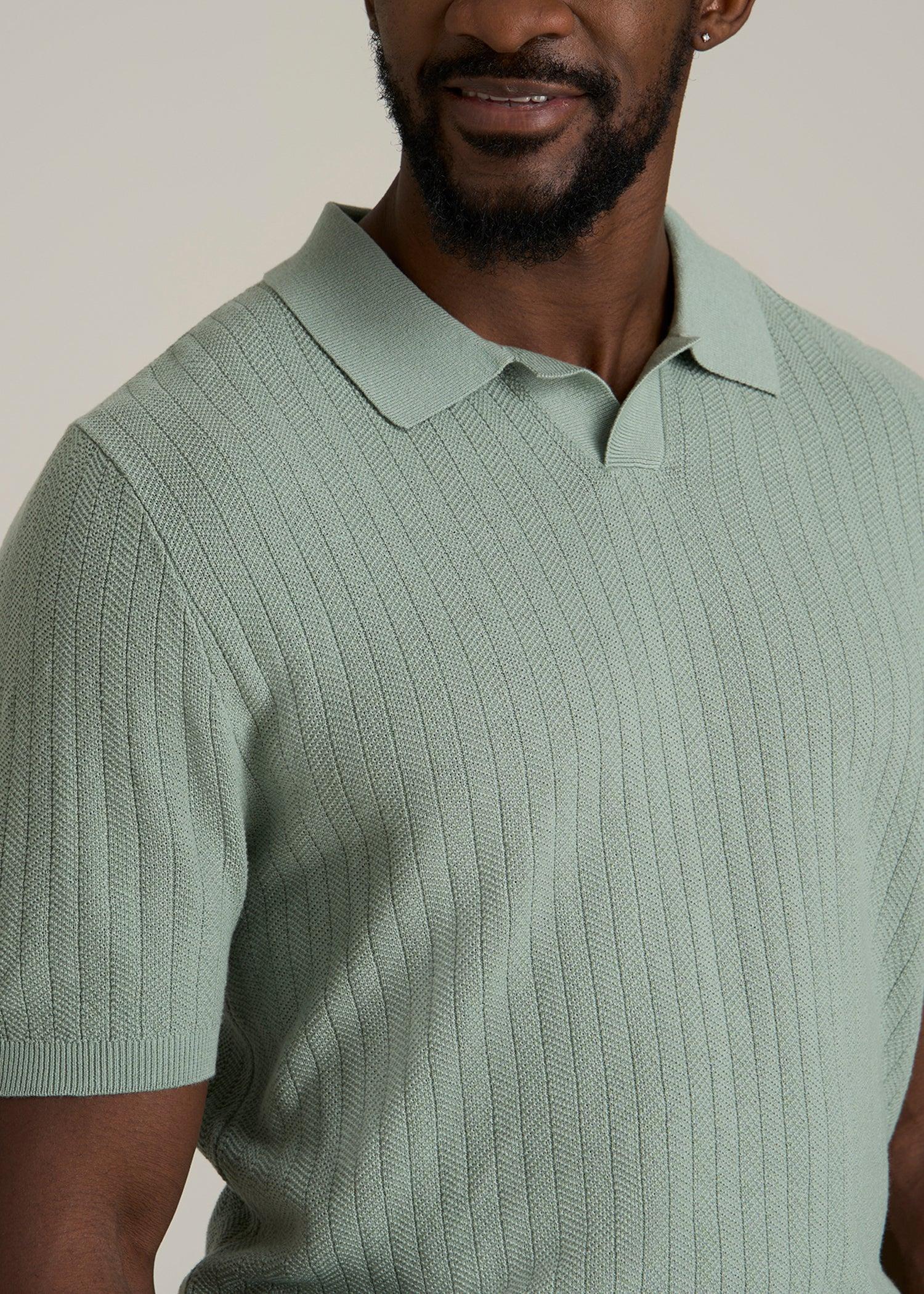 Linen Blend Ribbed Knit Polo Shirt for Tall Men in Seagrass Product Image