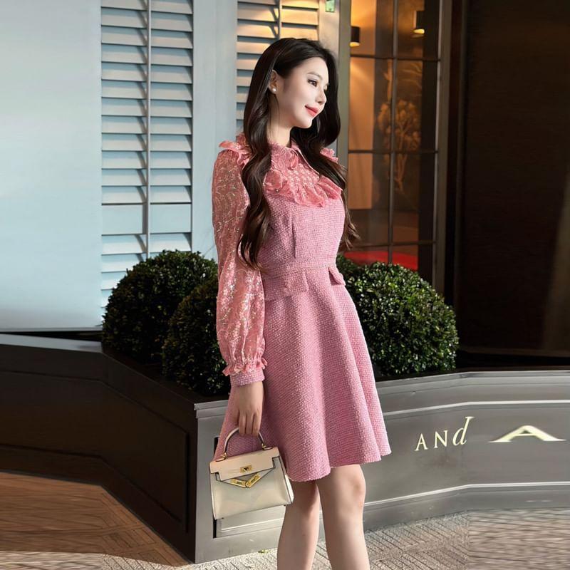 Long-Sleeve Crewneck Mesh Panel Mini A-Line Dress Product Image