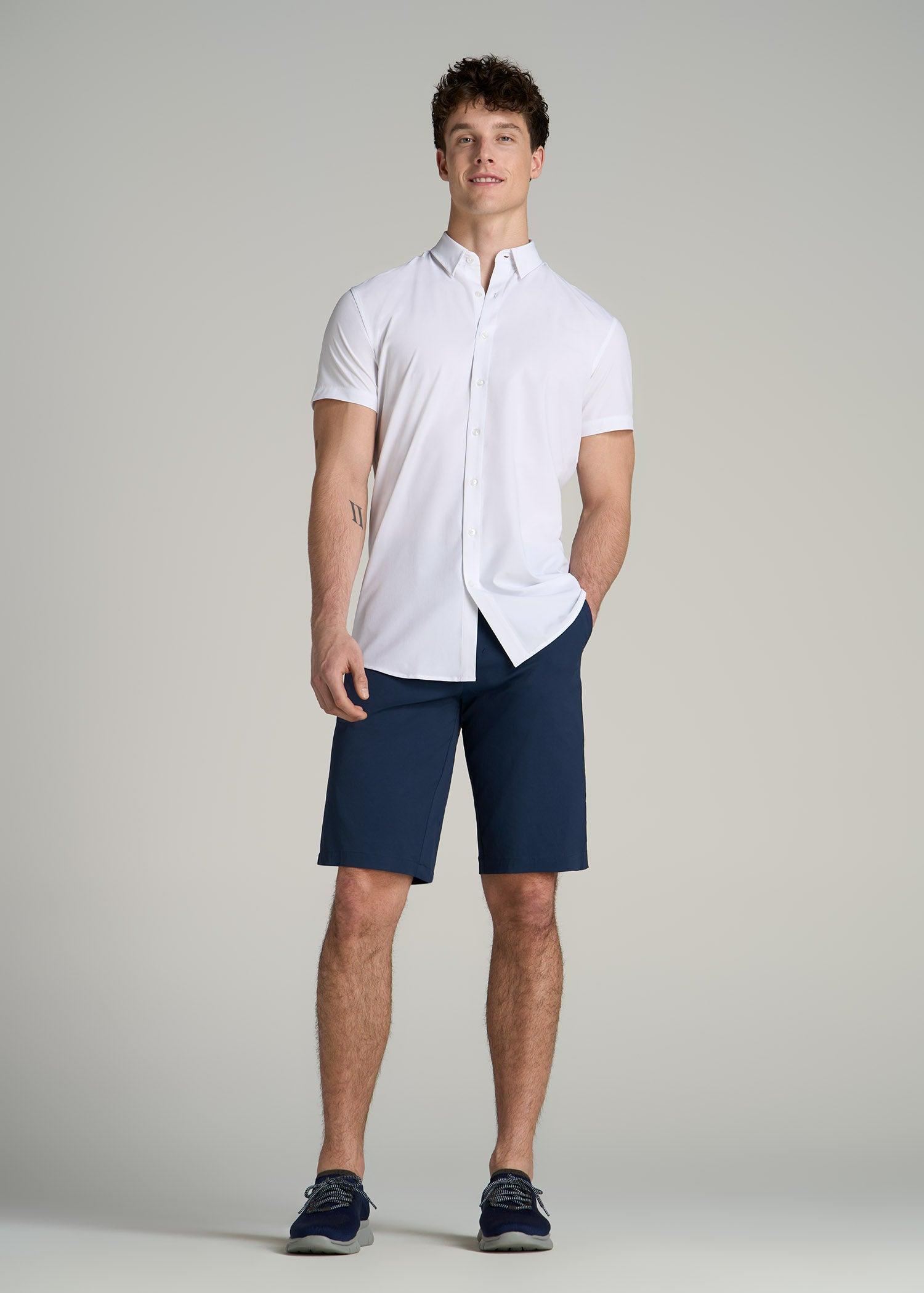 Short Sleeve Traveler Stretch Button Shirt for Tall Men in Bright White Male Product Image
