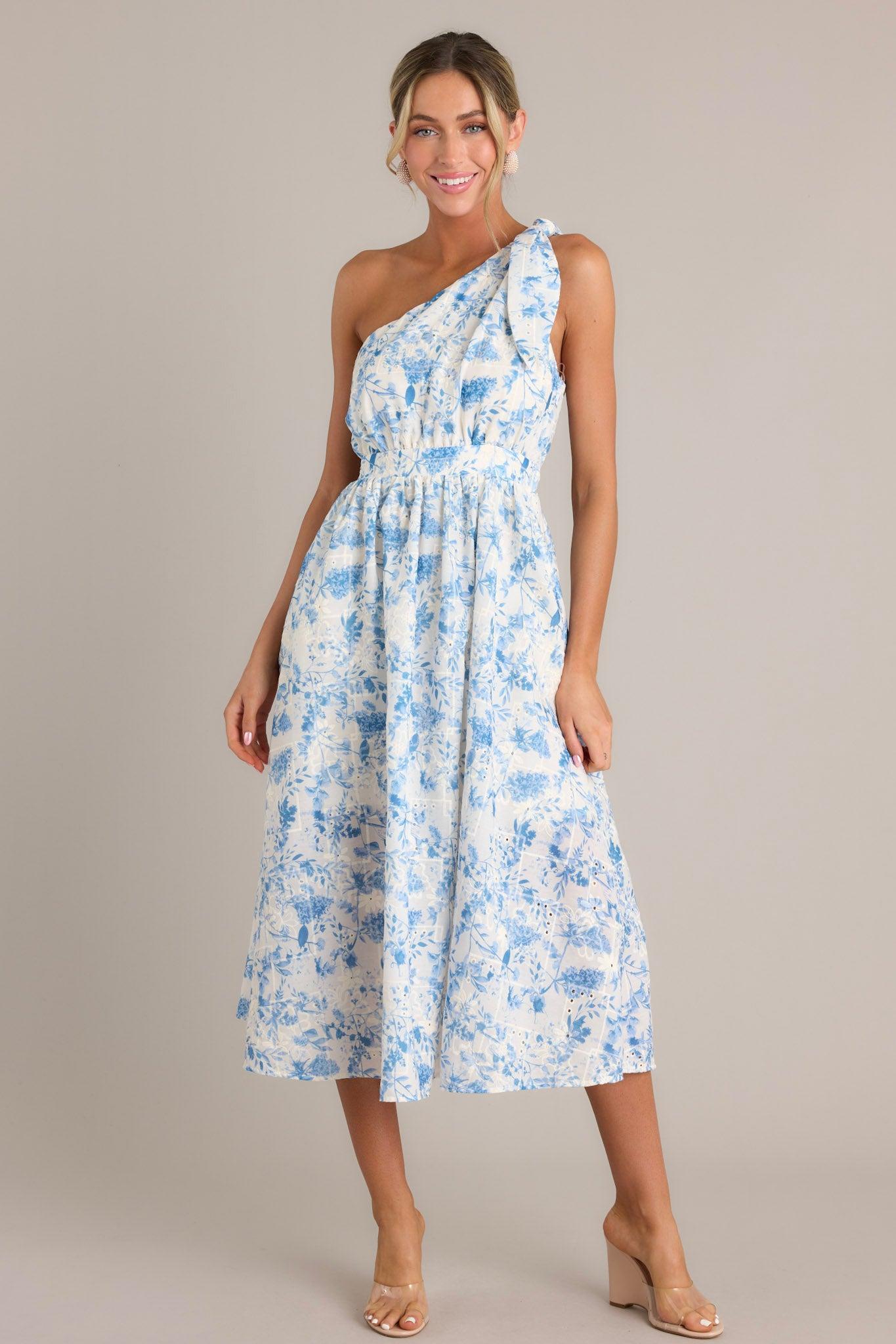 Bluebell Bliss Blue Floral One Shoulder Midi Dress Product Image