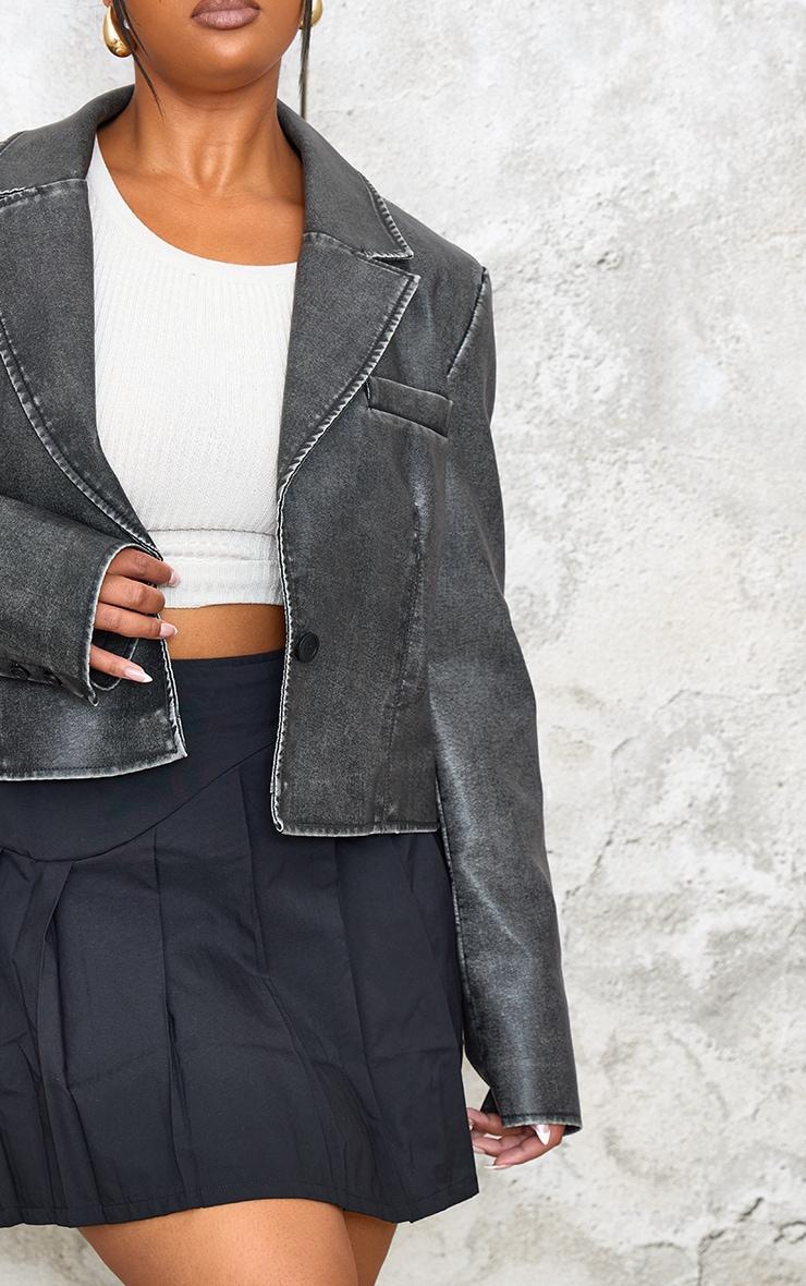 Plus Black Washed Faux Leather Cropped Blazer Jacket Product Image