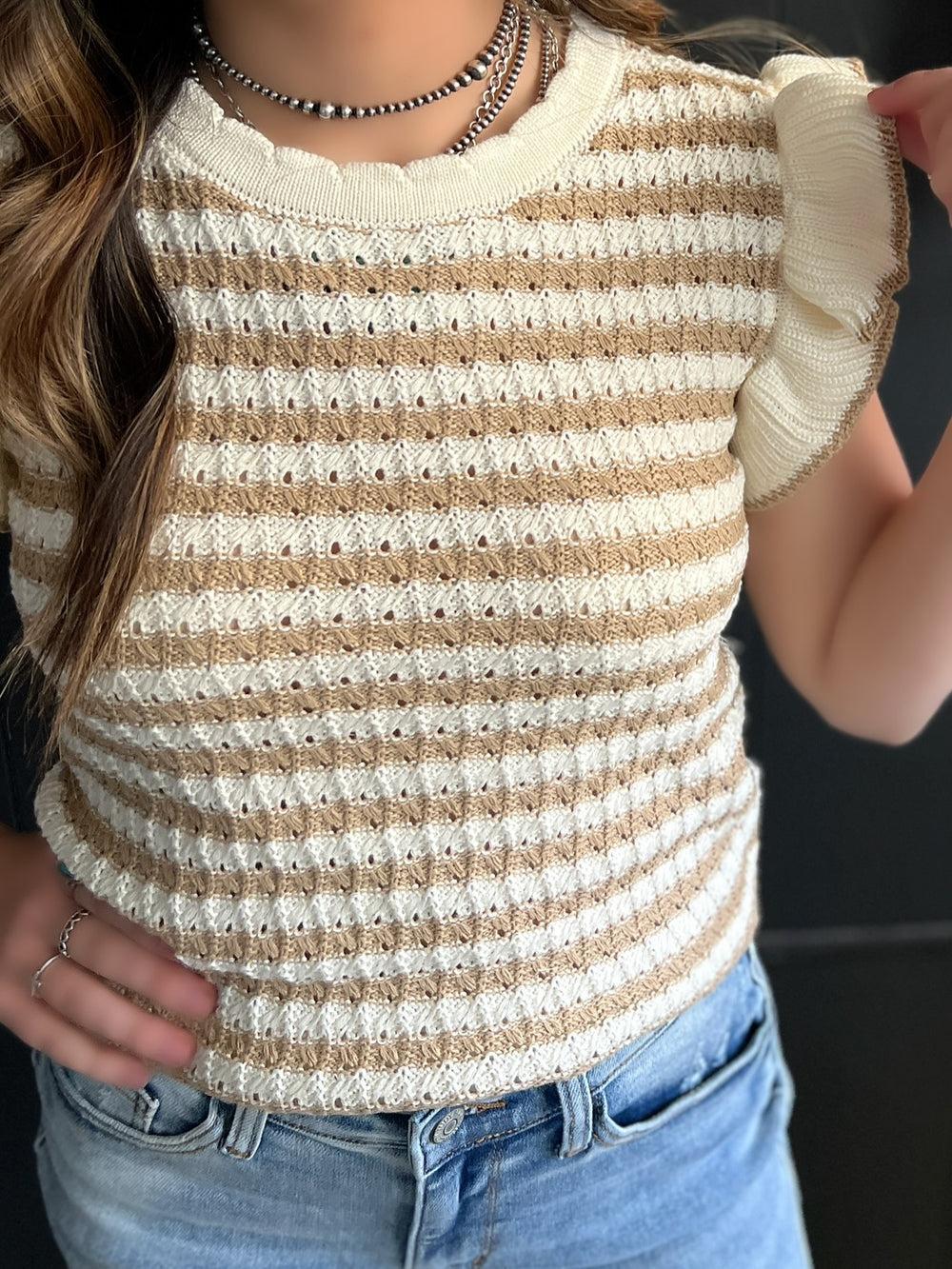 Cream And Beige Knitted Sweater Ruffle Sleeve Top Product Image