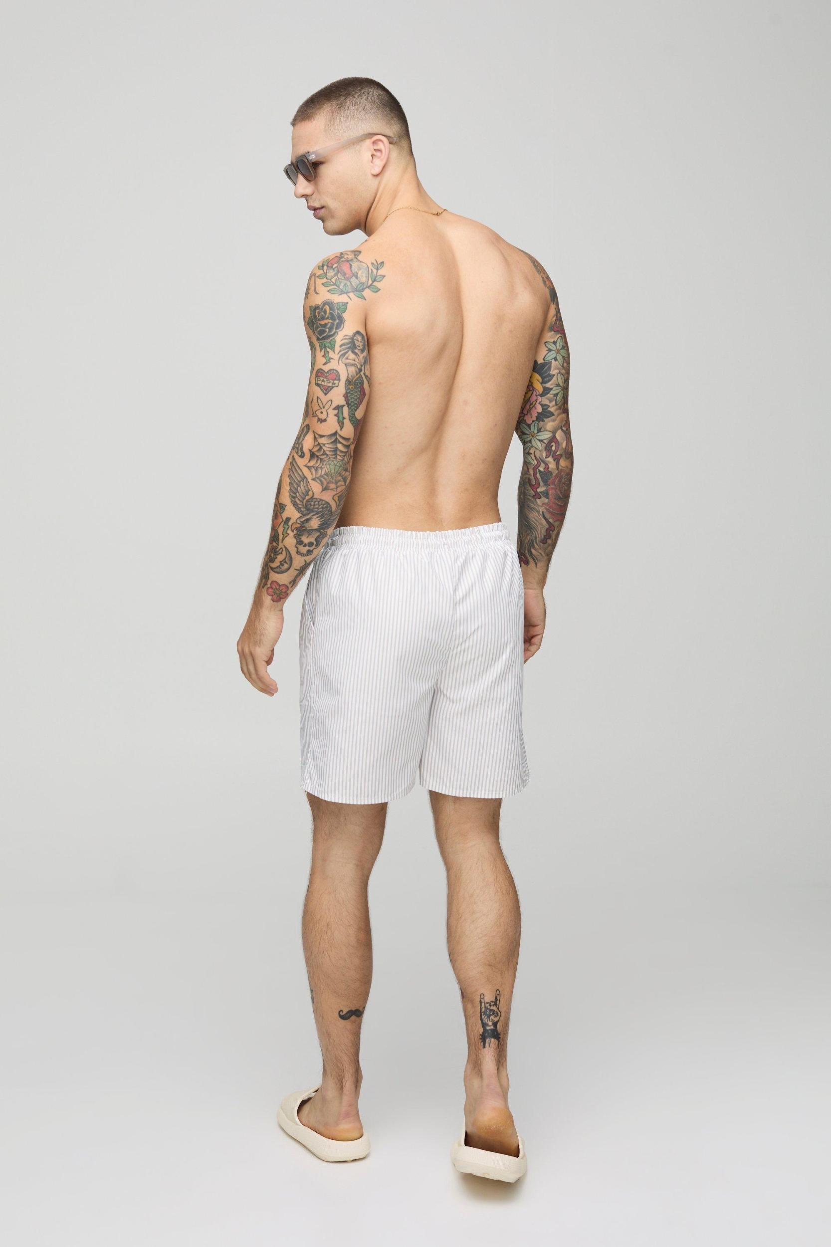 2 Pack Small Stripe and Plain Mid Length Swim Trunks | boohooMAN USA Product Image