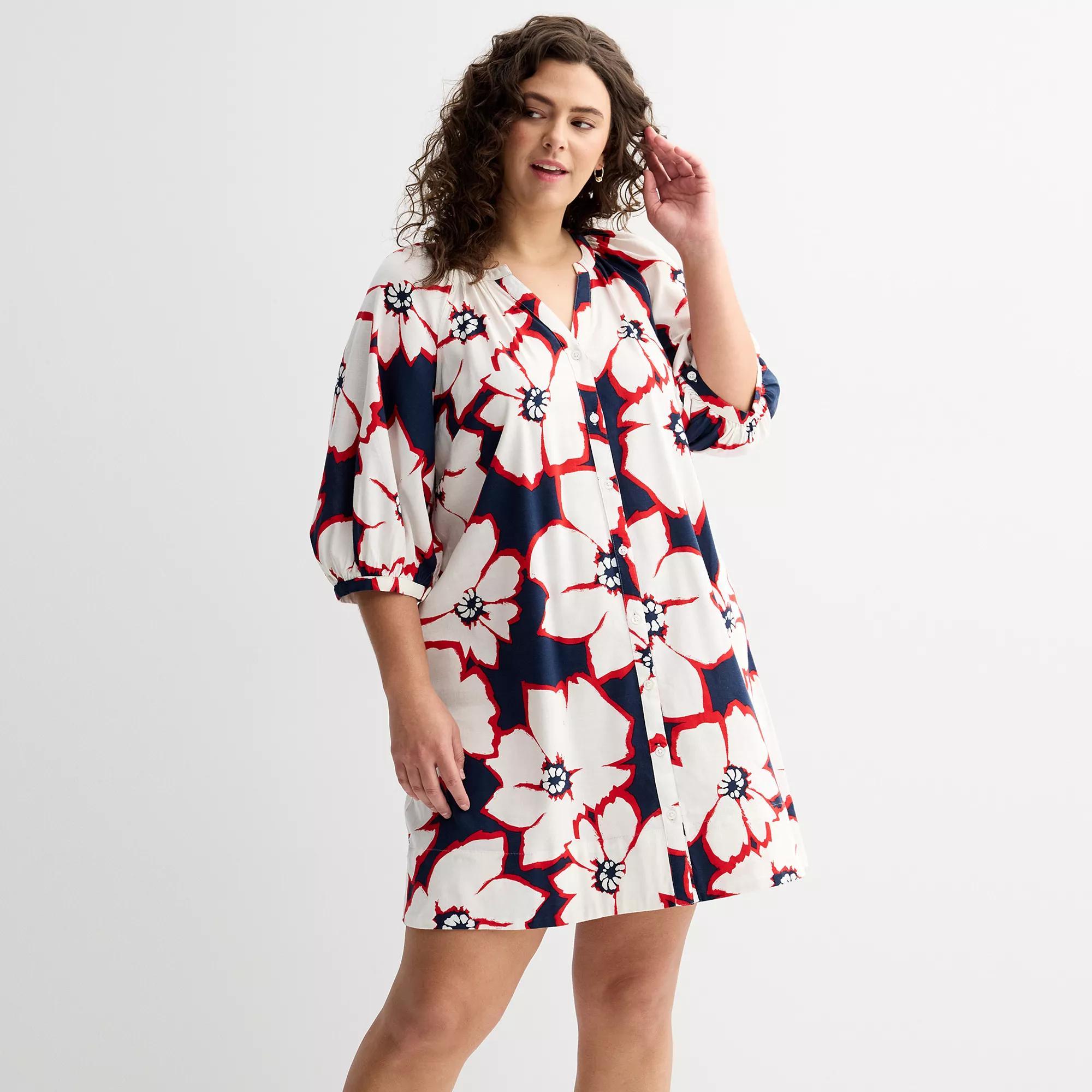 Plus Size Sonoma Goods For Life® Button Front Elbow Sleeve Shift Dress, Women's, Size: 2XL, Blue Brush Floral Product Image
