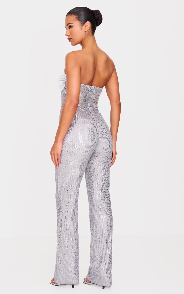 Silver Sequin Bandeau Sheer Panel Jumpsuit Product Image