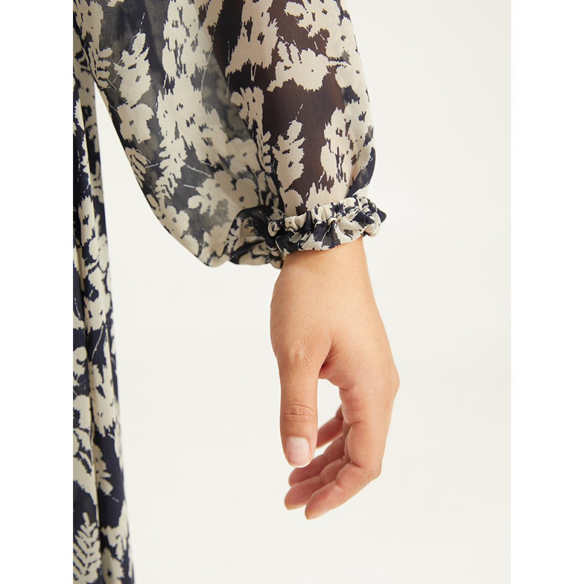 Plus Size Silhouette Floral Print Lantern Sleeve Dress DarkBlue Women Elegant Elastic cuffs V-neck Long Sleeve Curvy Midi Dress BloomChic 22-24/3X Product Image