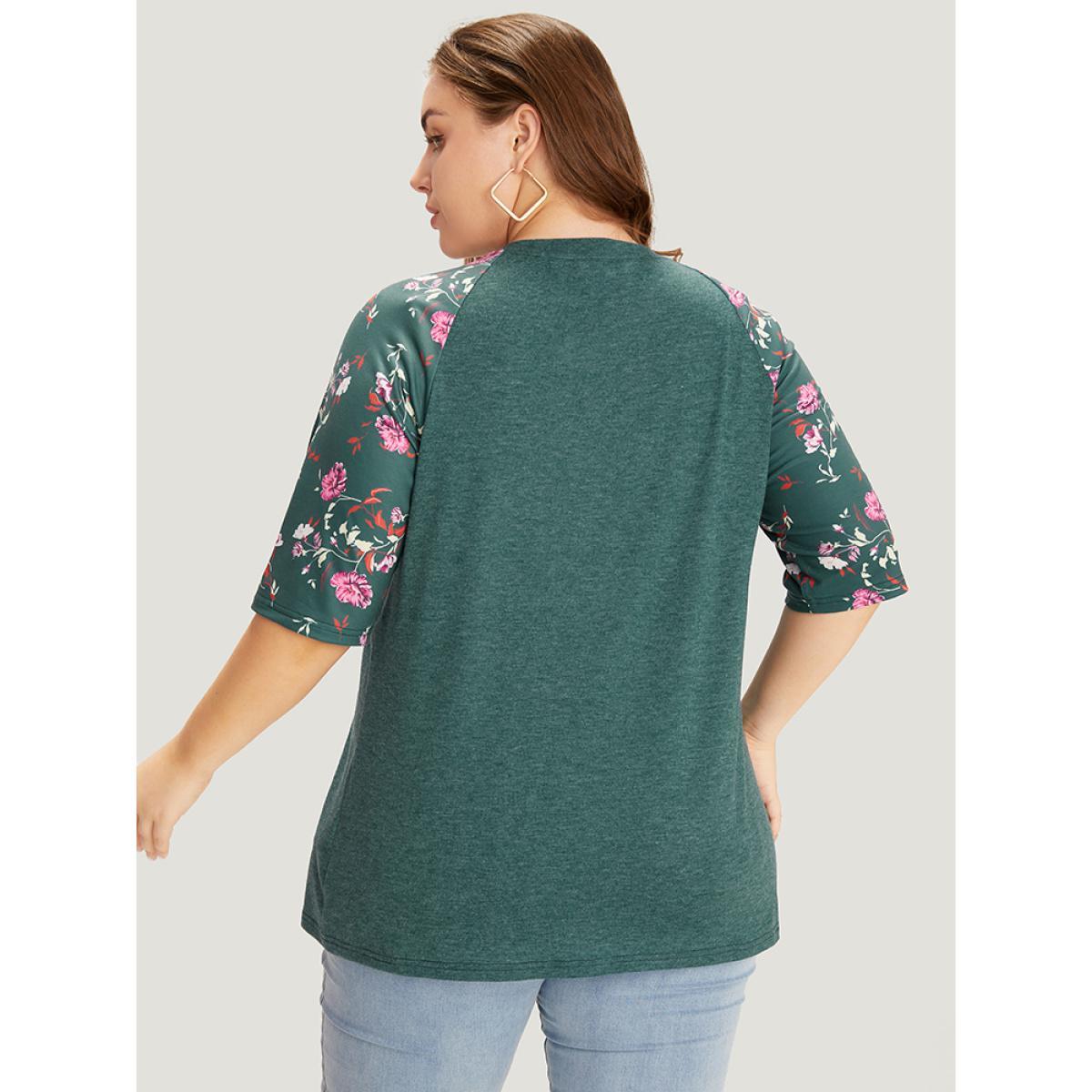 Plus Size Floral Patchwork Raglan Sleeve T-shirt DarkGreen Women Elegant Patchwork Floral V-neck Work T-shirts BloomChic 12/L Product Image