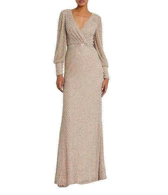 Mac Duggal V-Neck Bishop Sleeve Beaded Column Gown Product Image