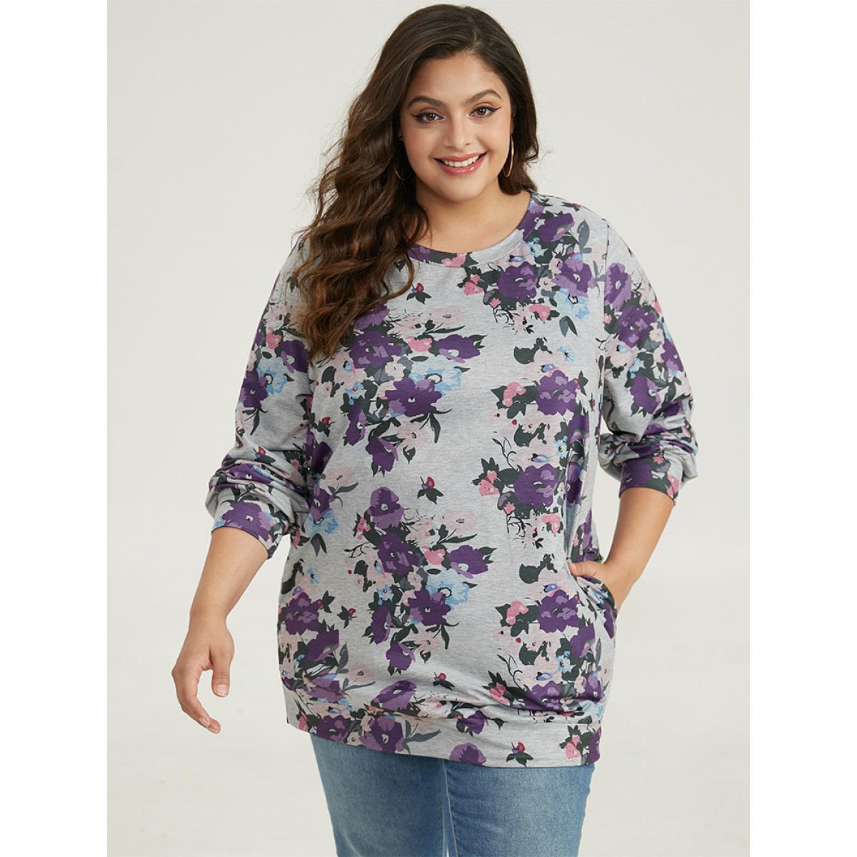Plus Size Floral Print Pocket Sweatshirt Women DimGray Casual Printed Round Neck Dailywear Sweatshirts BloomChic 10/M Product Image