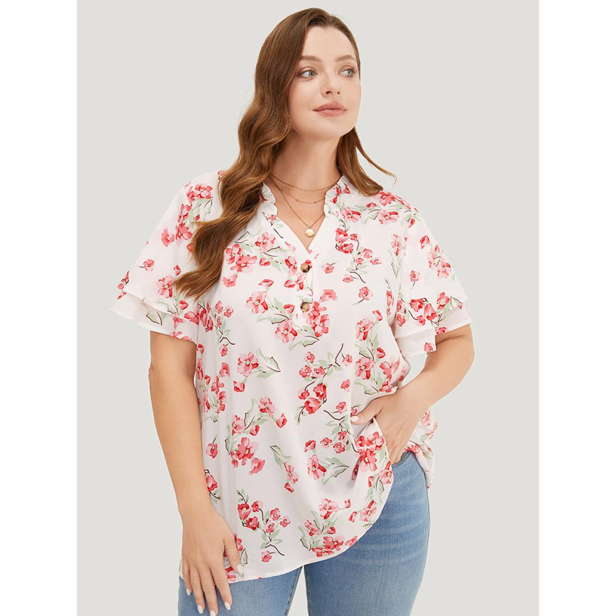 Plus Size White Floral Printed Button Up Flutter Layered Sleeve Blouse Women Elegant Short sleeve Notched collar Dailywear Blouses BloomChic 14-16/1X Product Image