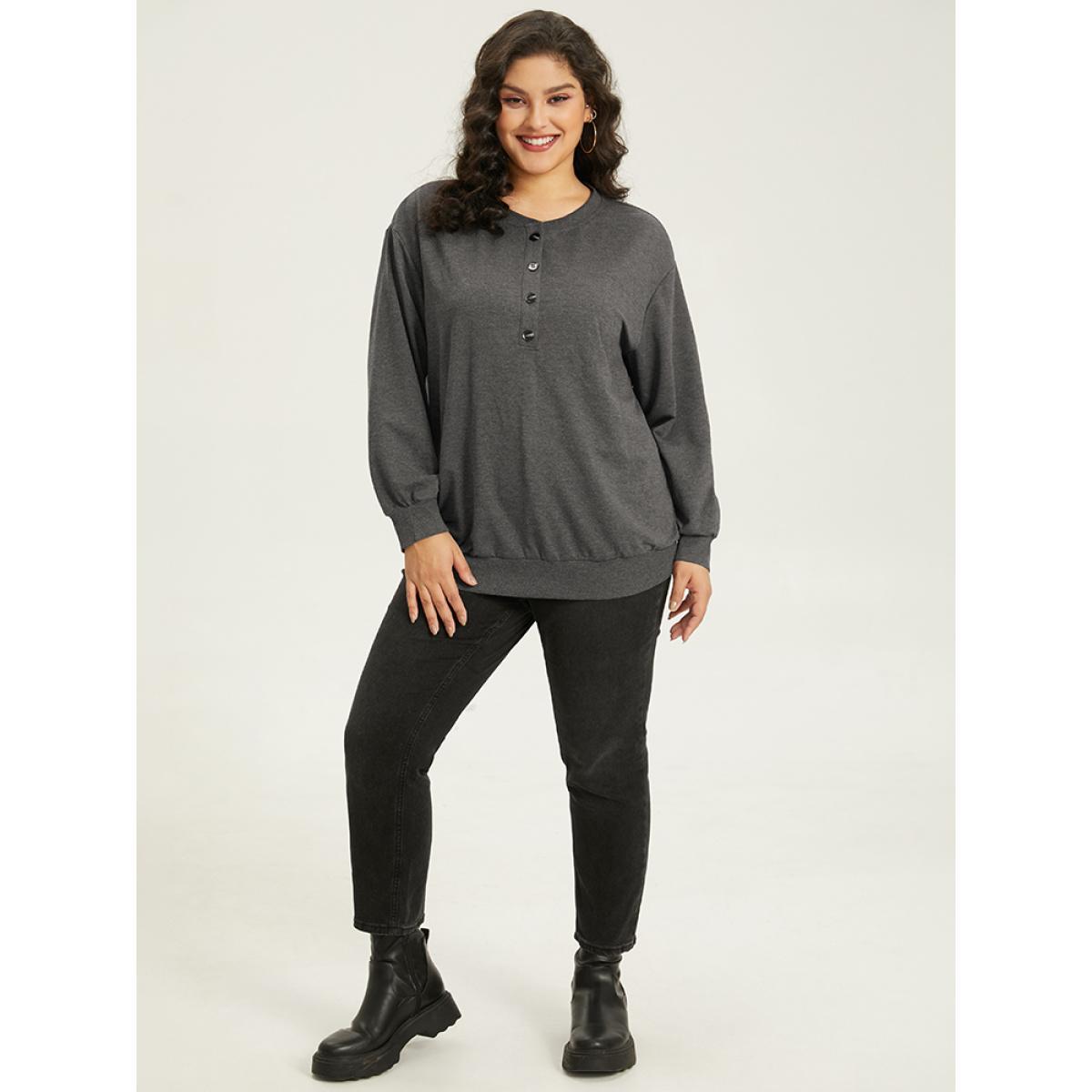 Plus Size Solid Button Through Elastic Cuffs Sweatshirt Women DimGray Casual Plain Open Front Dailywear Sweatshirts BloomChic 12/L Product Image