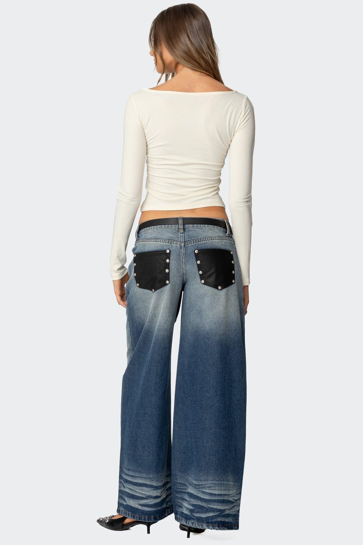 Faux Leather Pocket Low Rise Jeans Product Image