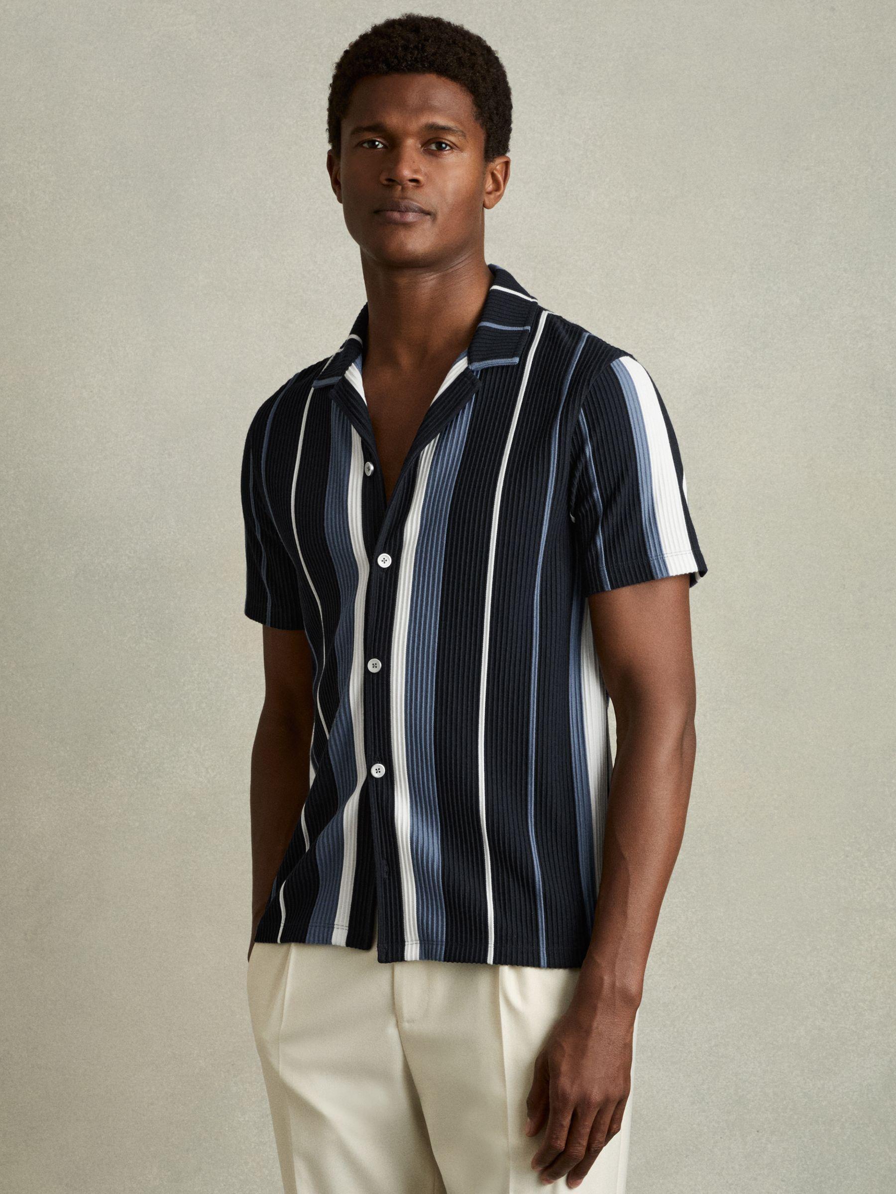 Striped Cuban-Collar Shirt in Navy Multi Product Image