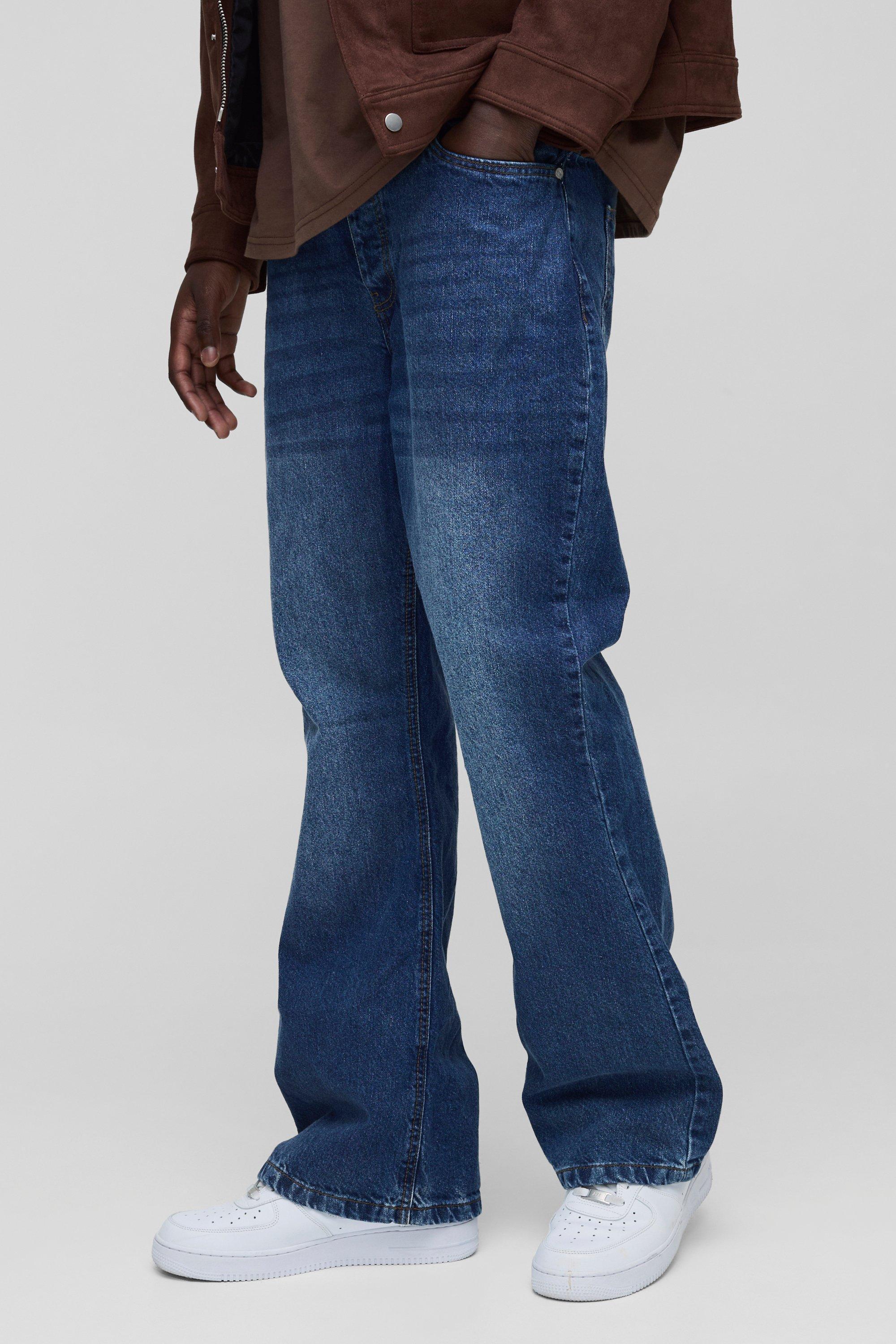 Relaxed Rigid Flare Jean In Mid Blue | boohooMAN USA Product Image