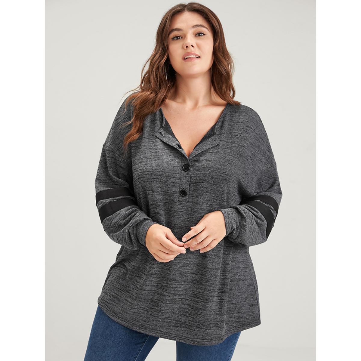Plus Size Plain Contrast Button Up Round Neck Sweatshirt Women DimGray Casual Contrast Round Neck Dailywear Sweatshirts BloomChic 22-24/3X Product Image