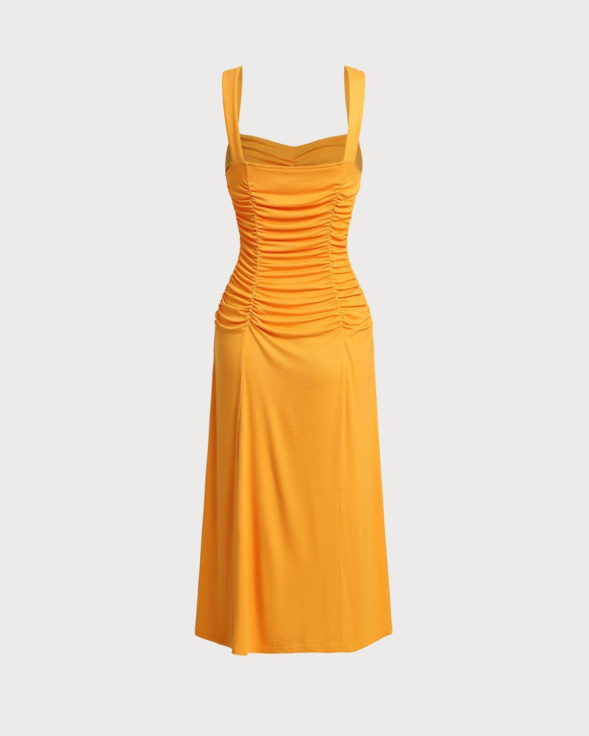 Orange Ruched Knitted Slip Midi Dress Product Image