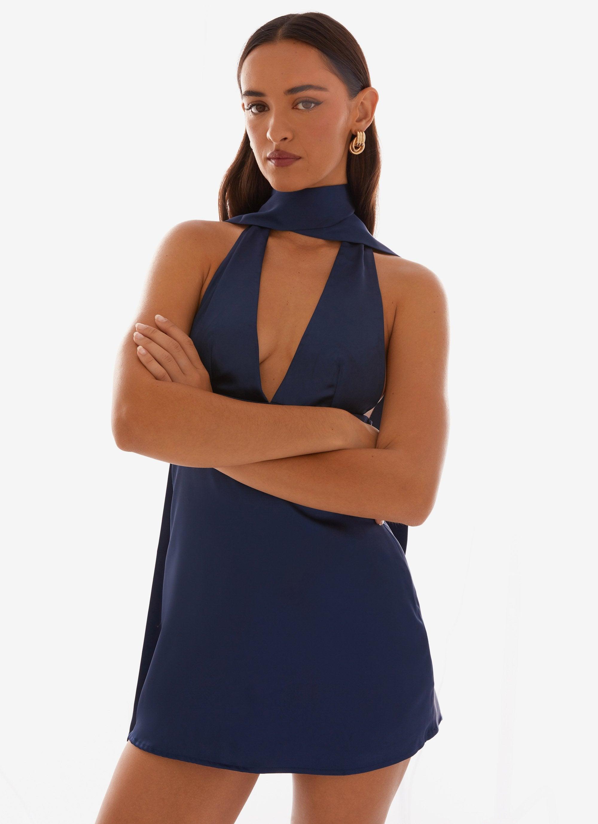 Alicia Satin Halter Mini Dress - Navy Product Image