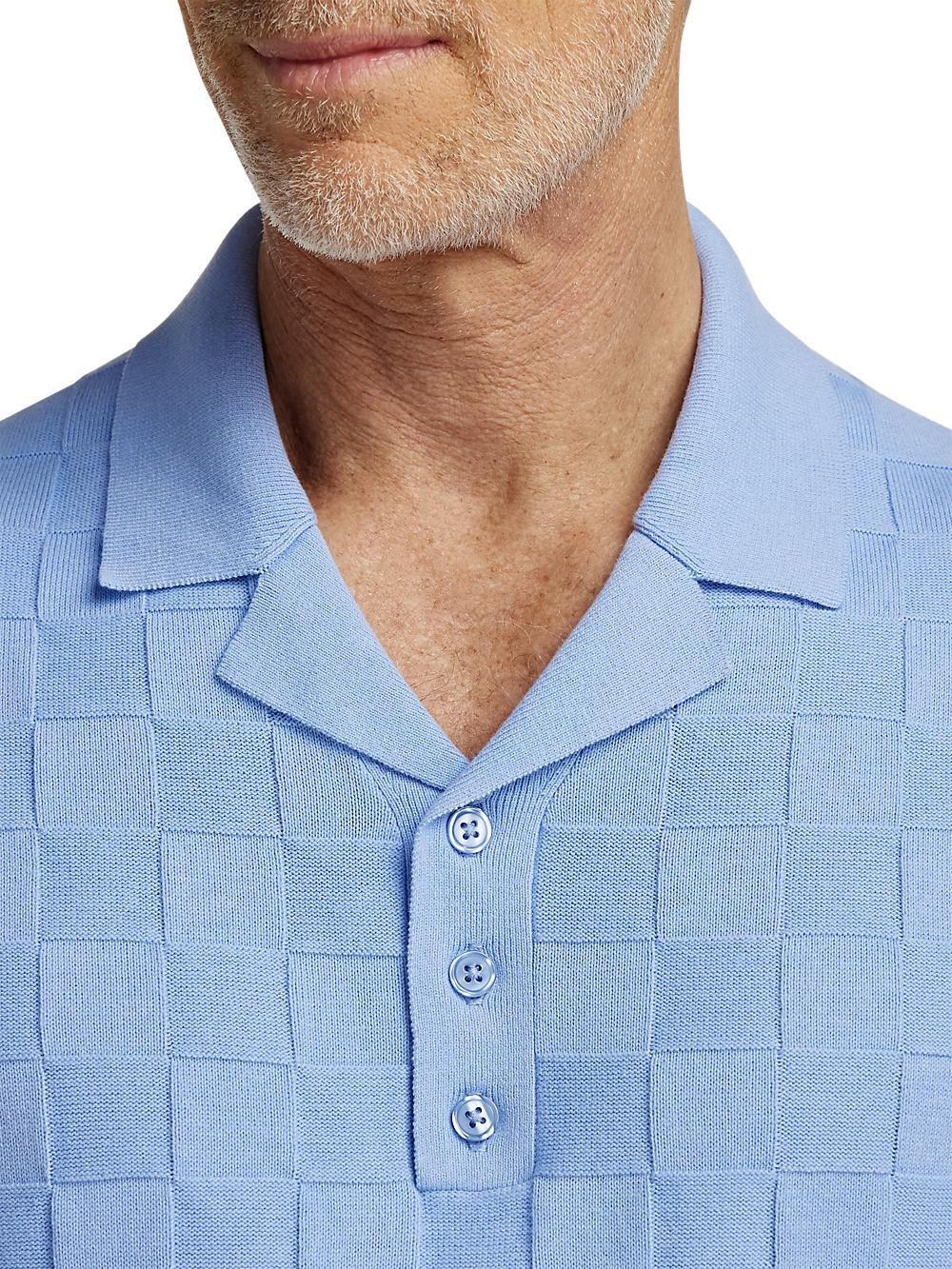 Cotton Three Button Camp Collar Sweater - Blue Product Image