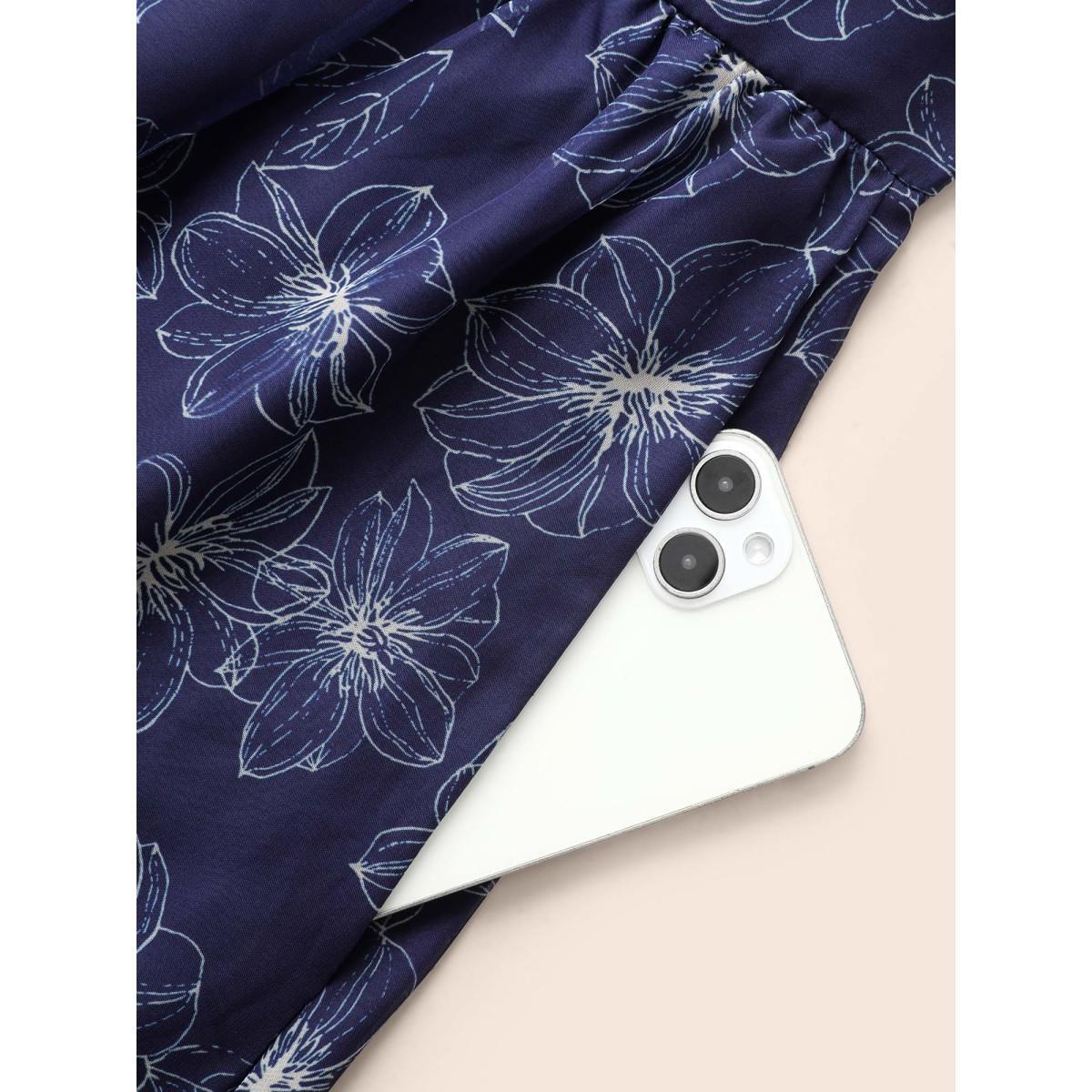 Plus Size Floral Asymmetrical Neck Mesh Belted Dress DarkBlue Women Cocktail See through Party Curvy Bloomchic 22-24/3X Product Image