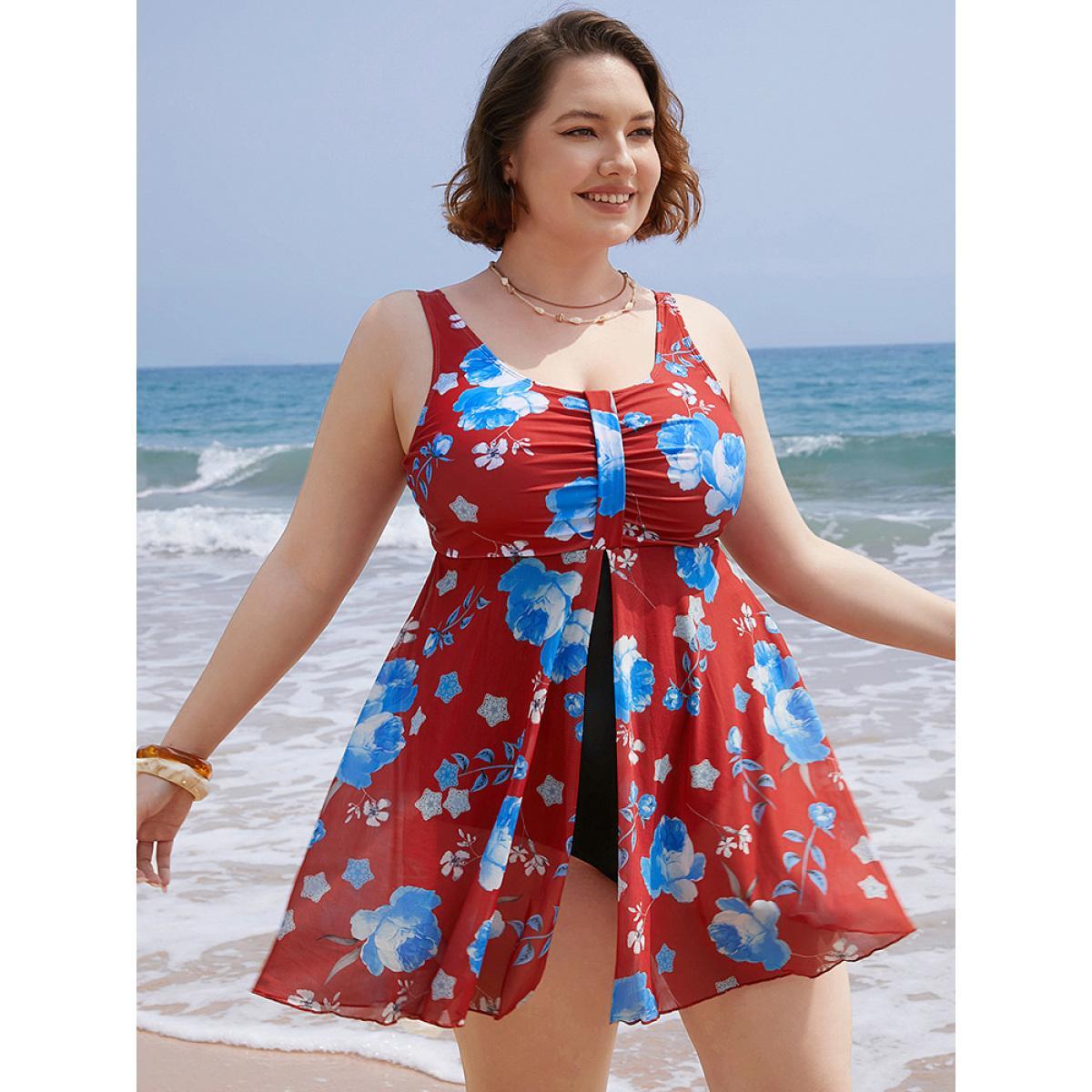 Plus Size Floral Print Split Front Ruched A Line Swim Dress Women's Swimwear Red Vacation Bodycon Round Neck High stretch Curve Swim Dresses BloomChic 28/5X Product Image