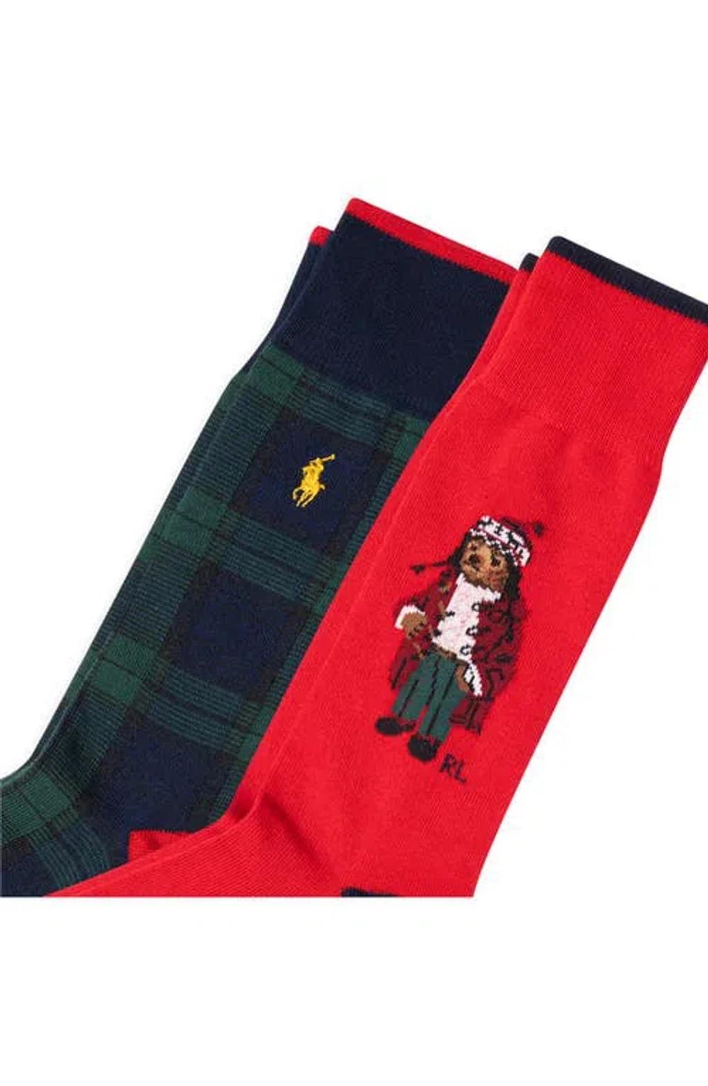 POLO RALPH LAUREN Arctic Holiday Bear Assorted 2-pack Cotton Blend Crew Socks In Red Product Image