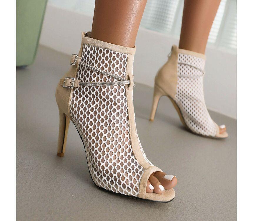 Open Toe Rhinestone Strap Mesh Stiletto Short Boots Product Image