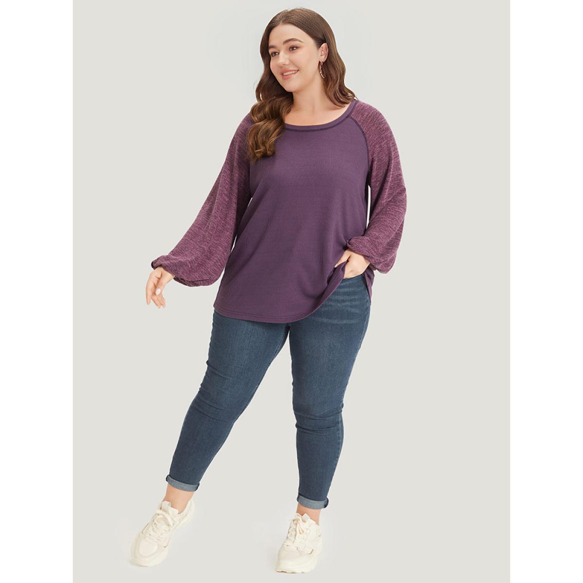 Plus Size Contrast Patchwork Heather Lantern Sleeve Sweatshirt Women Purple Casual Patchwork Round Neck Dailywear Sweatshirts BloomChic 10/M Product Image