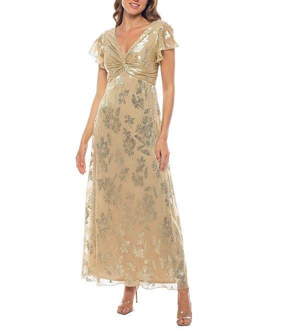 Marina V-Neck Knot Front Flutter Sleeve Floral Metallic Foil Sheath Dress Product Image