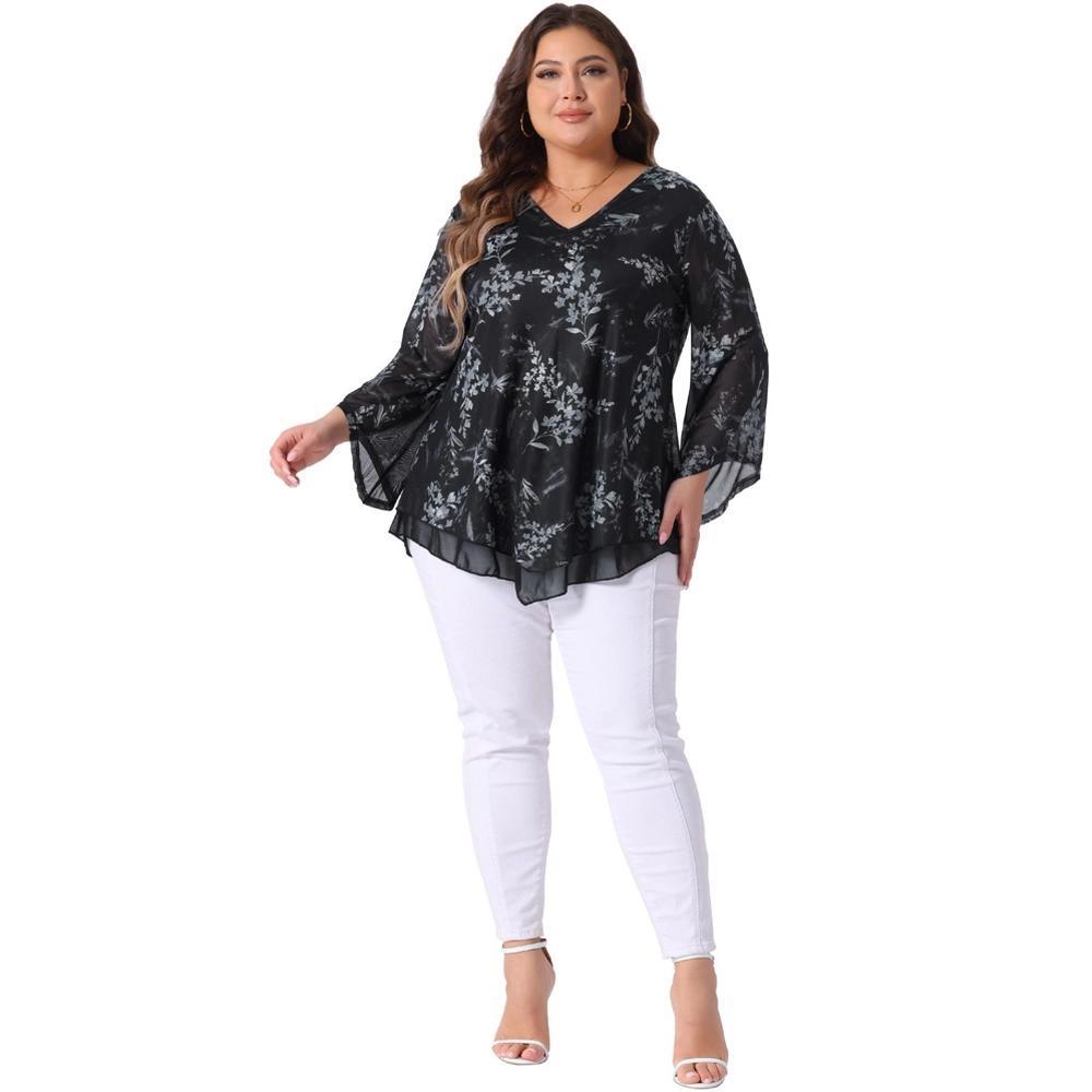 Agnes Orinda Women's Plus Size V Neck 3/4 Flared Sleeve Double Layers Mesh Blouses Product Image