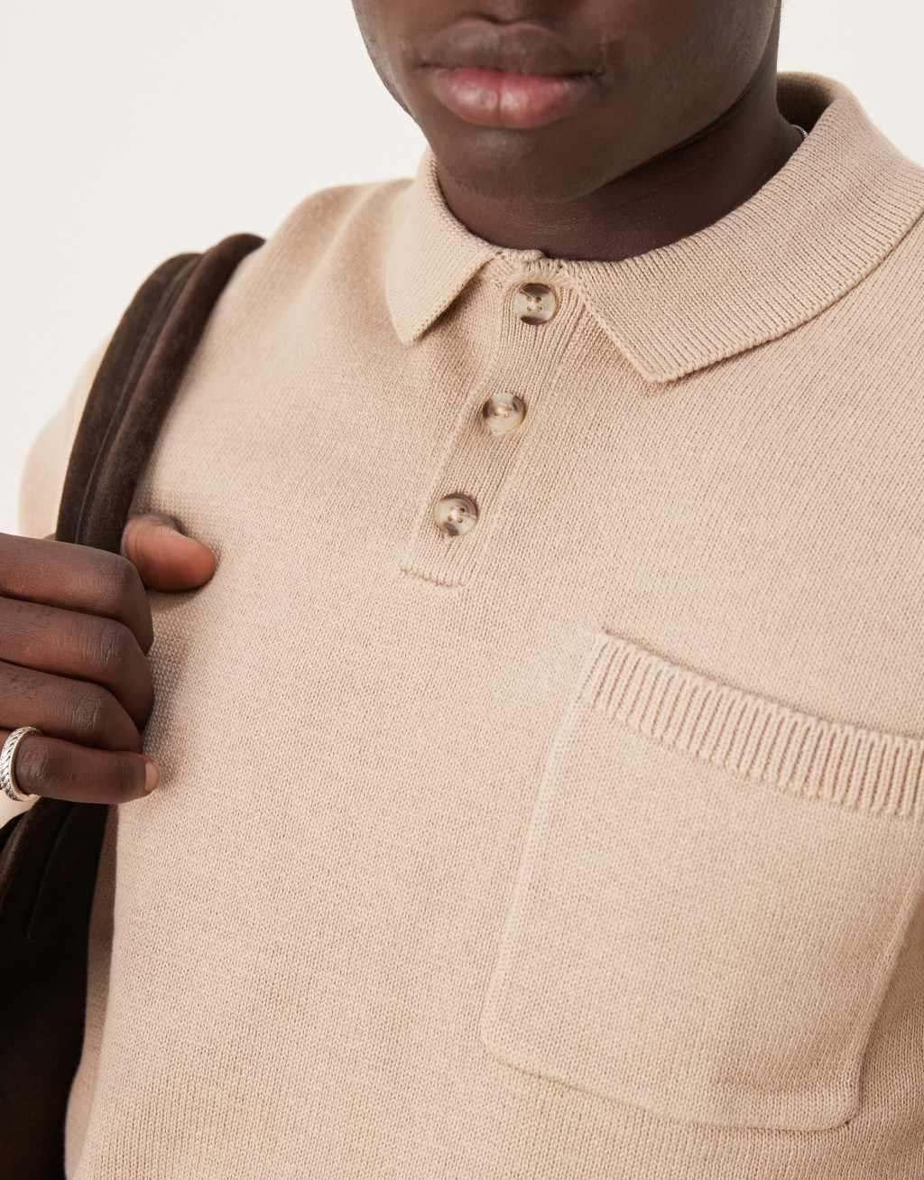 ASOS DESIGN relaxed boxy knit midweight cotton polo with chest pocket in stone Product Image