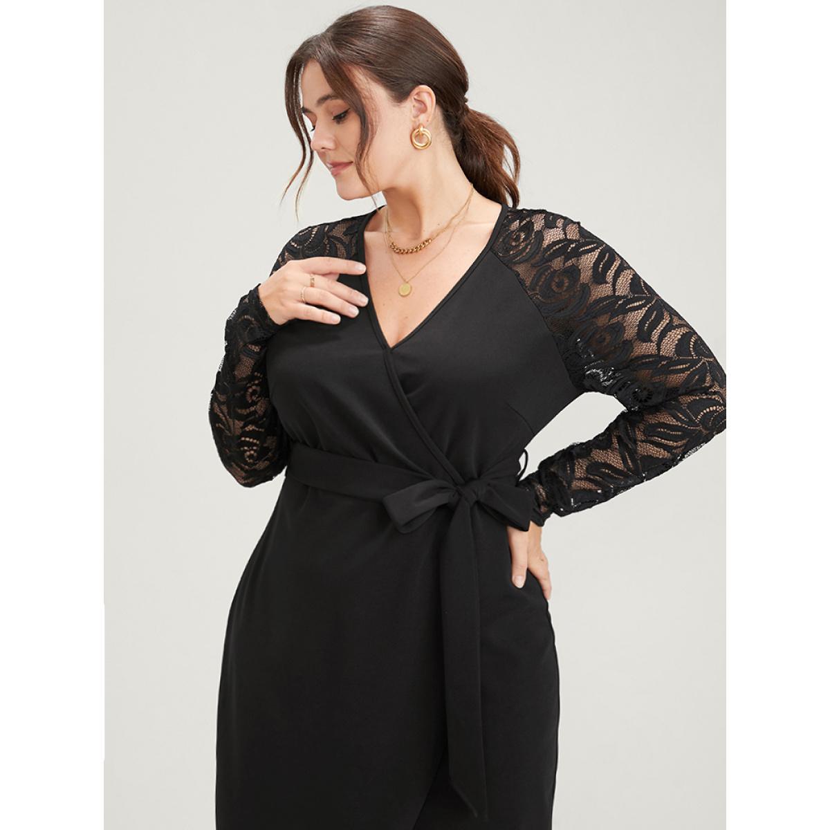 Plus Size Solid Button Eyelet Lace Belted Wrap Knee Dress Black Women Elegant Cross straps V-neck Long Sleeve Curvy Midi Dress BloomChic 18-20/2X Product Image