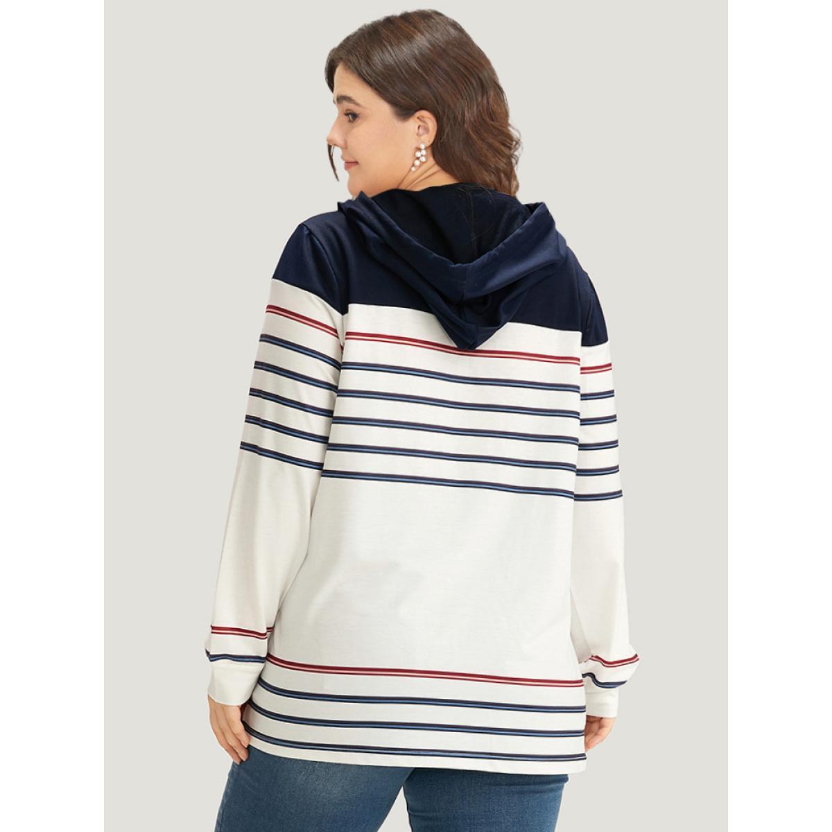 Plus Size Striped Contrast Patchwork Drawstring Button Up Hooded Sweatshirt Women Multicolor Casual Elastic cuffs Hooded Dailywear Sweatshirts BloomChic 10/M Product Image