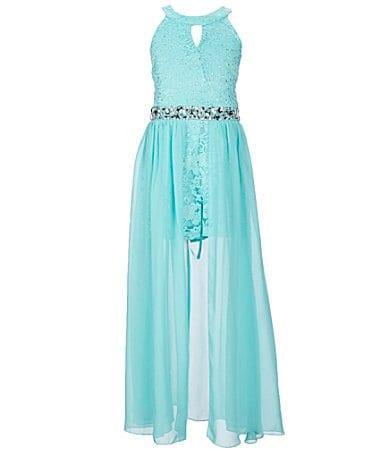 Xtraordinary Big Girls 7-16 Sleeveless Cut-Out Jeweled Waist Chiffon Walk-Through Glitter Lace Romper Product Image