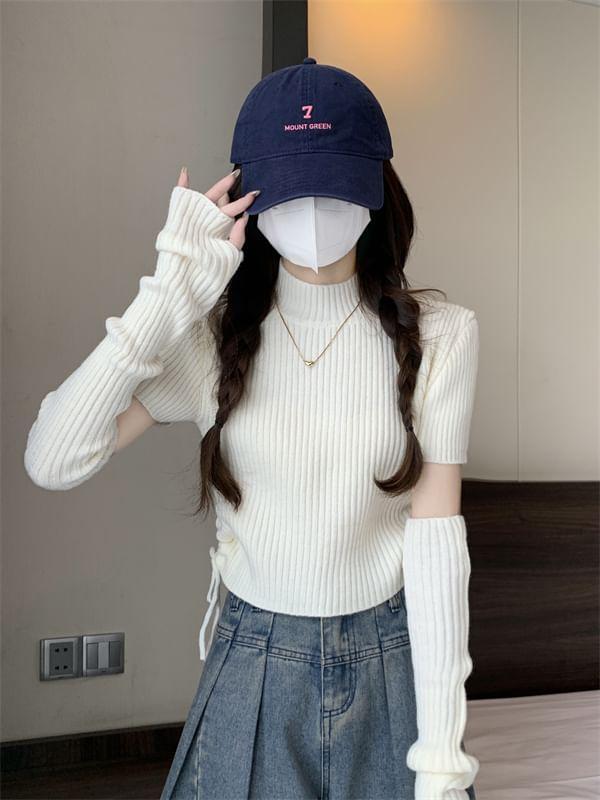 Set: Short-Sleeve Mock Neck Plain Drawstring Crop Knit Top + Long Gloves Product Image