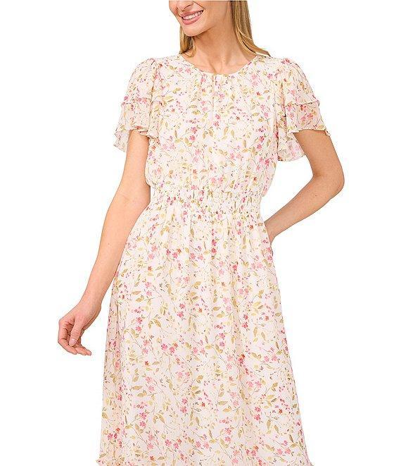 CeCe Round Neck Short Sleeve Floral Print Smocked Waist Maxi A-Line Dress Product Image