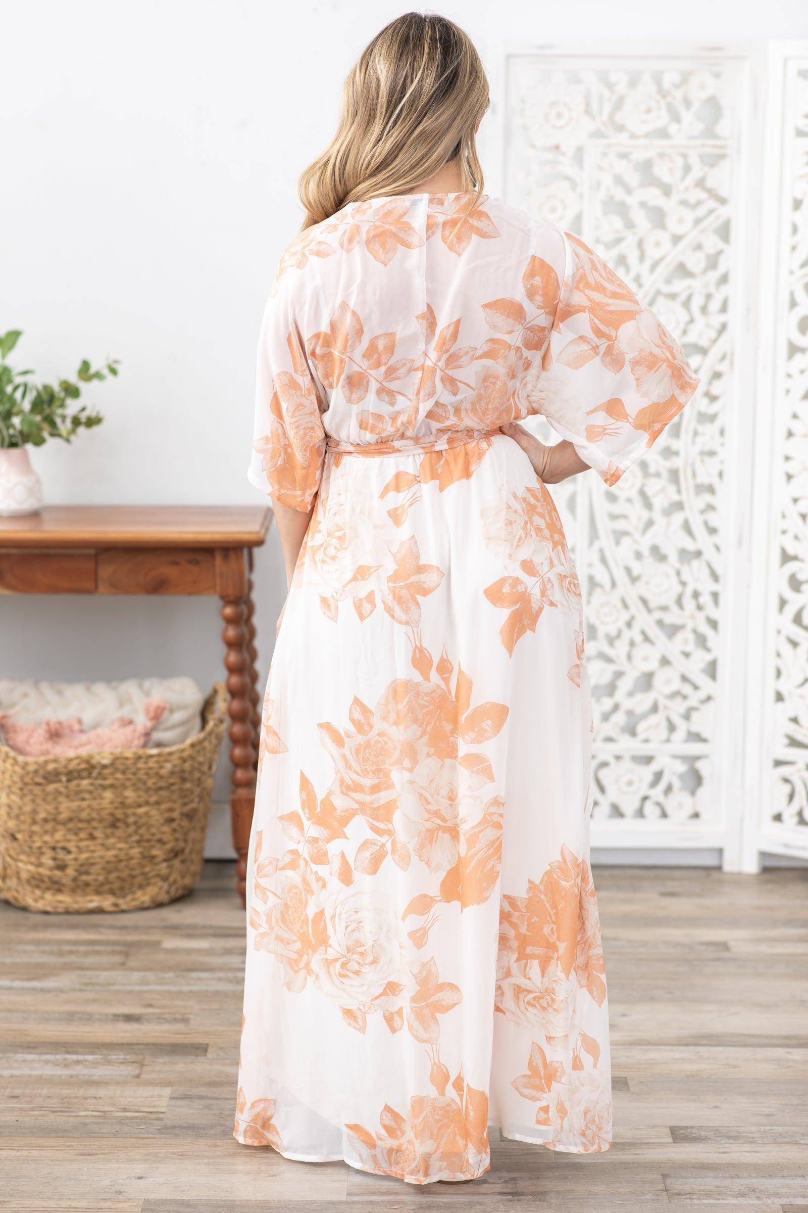 Peach Floral With Adjustable Belt Maxi Dress Product Image