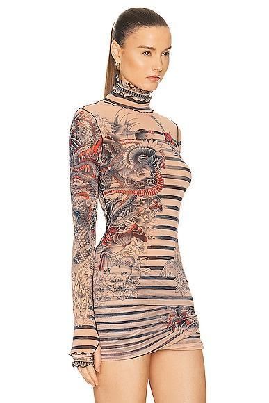 Jean Paul Gaultier Printed Mariniere Tattoo High Neck Long Sleeve Top in Nude Product Image