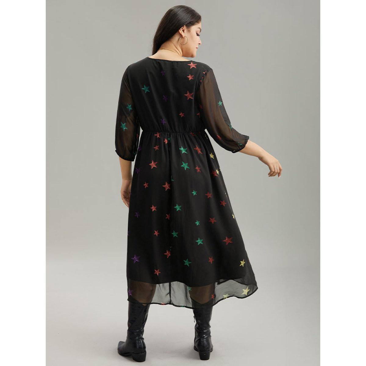 Plus Size Star Mesh Patchwork Elastic Waist Dress Black Women Casual Elastic cuffs V-neck Elbow-length sleeve Curvy Midi Dress BloomChic 28/5X Product Image