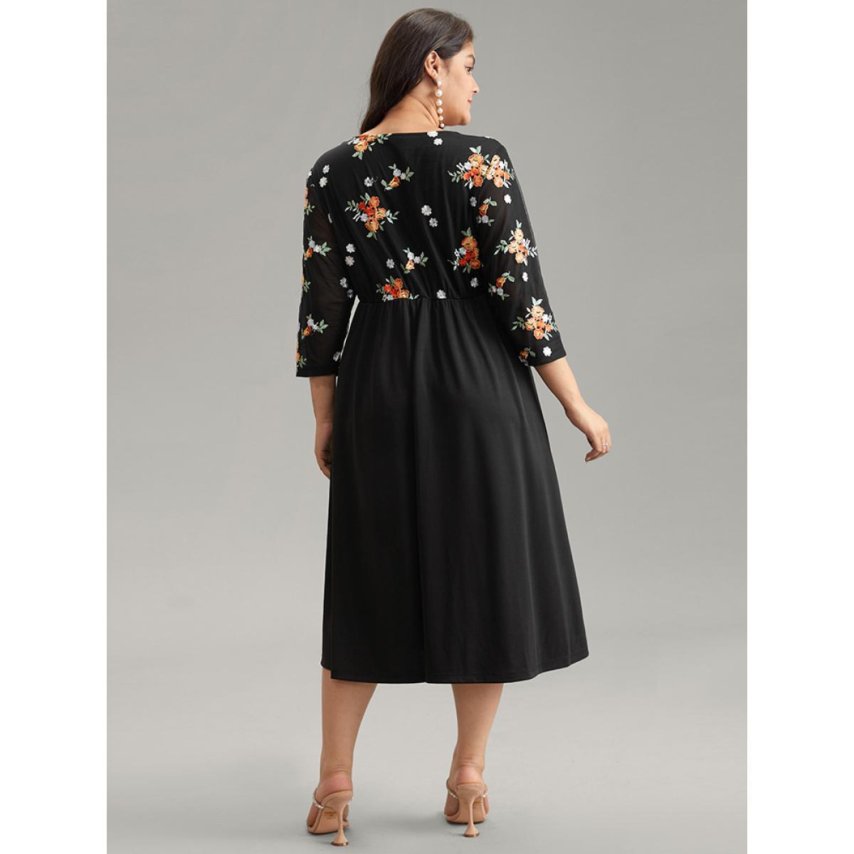 Plus Size Floral Embroidered Mesh Patchwork Elastic Waist Dress Black Women Cocktail Patchwork Round Neck Elbow-length sleeve Curvy Midi Dress BloomChic 14-16/1X Product Image
