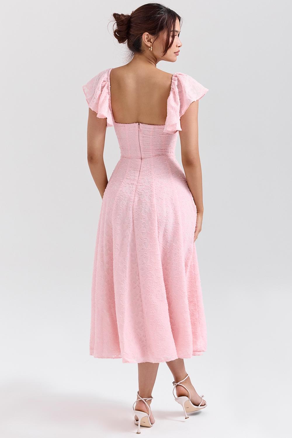 Emma Perfectly Pink Floral Jacquard Midi Dress Product Image