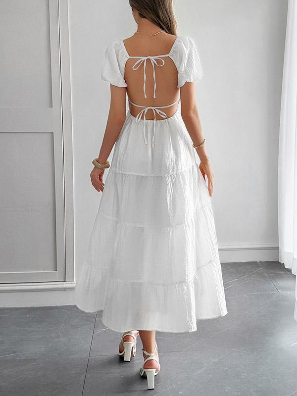 A-Line Loose Backless Pleated Solid Color Tied V-Neck Midi Dresses Product Image