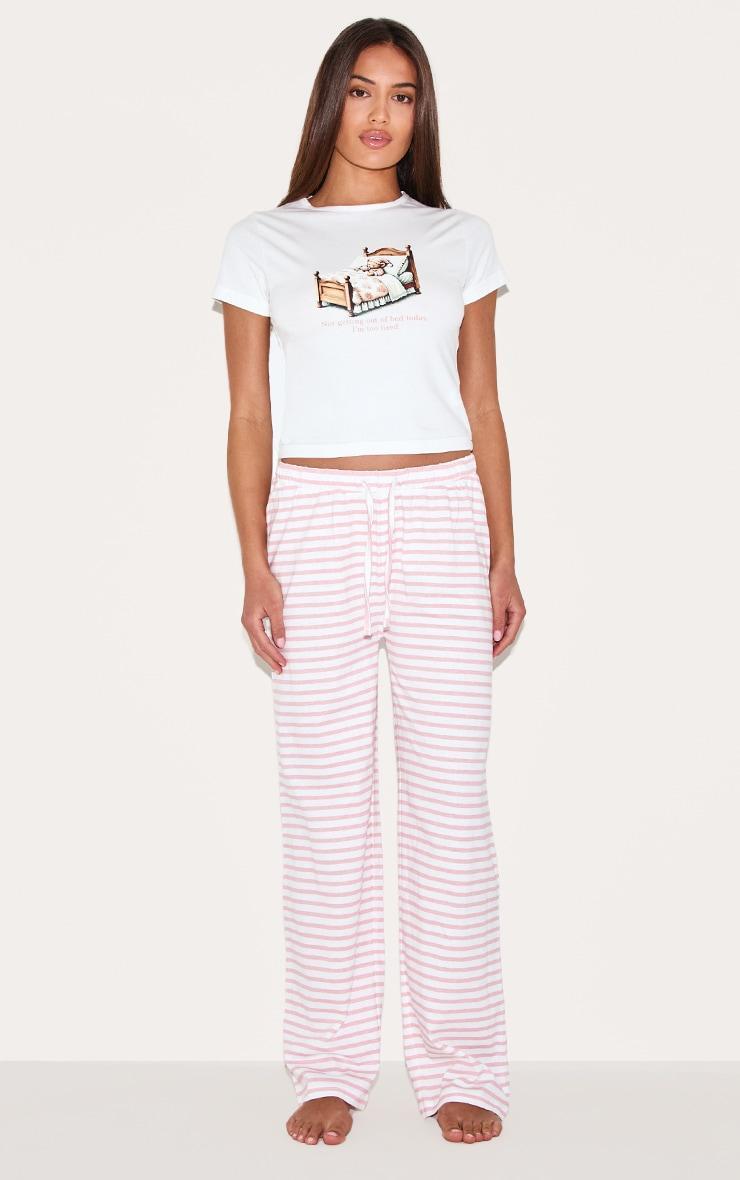 Cream Teddy Print Stripe Long Pj Set Product Image