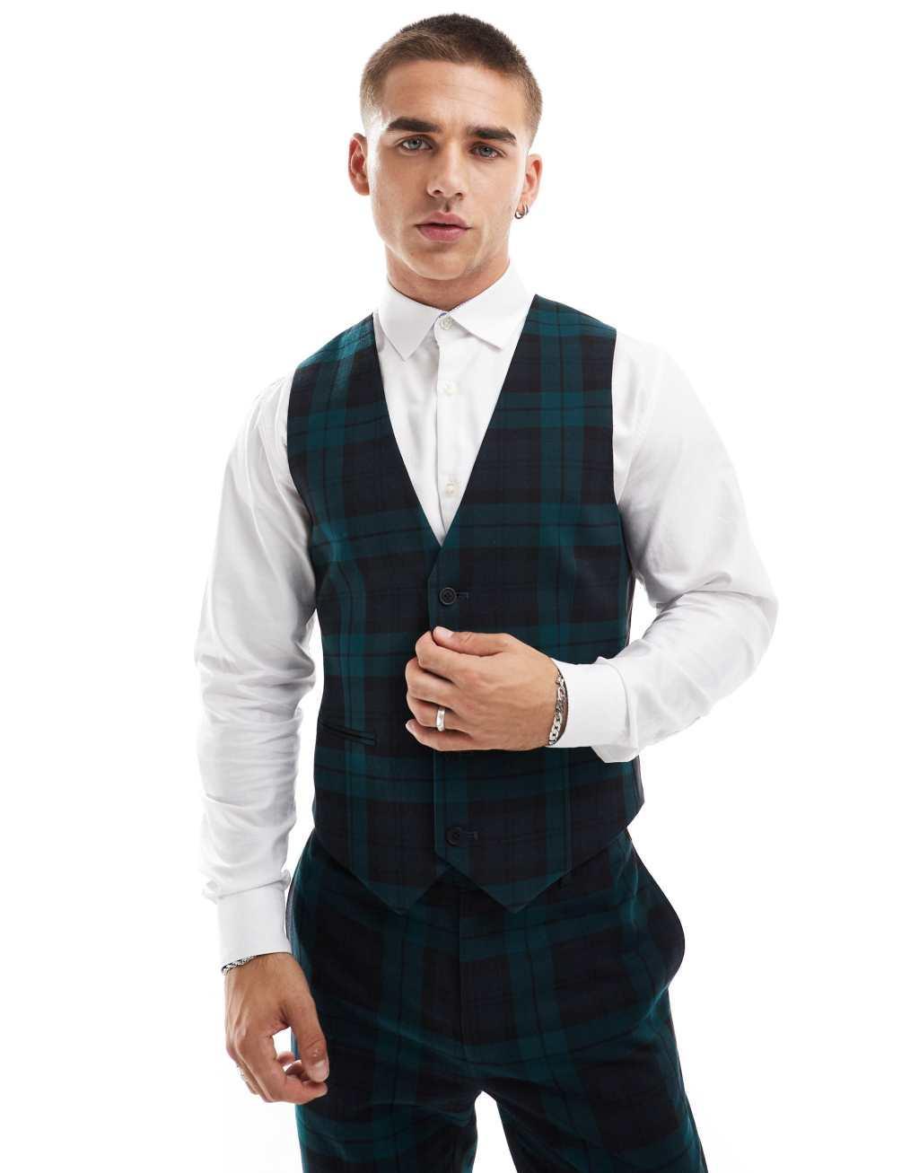 ASOS DESIGN skinny suit vest in dark green tartan Product Image