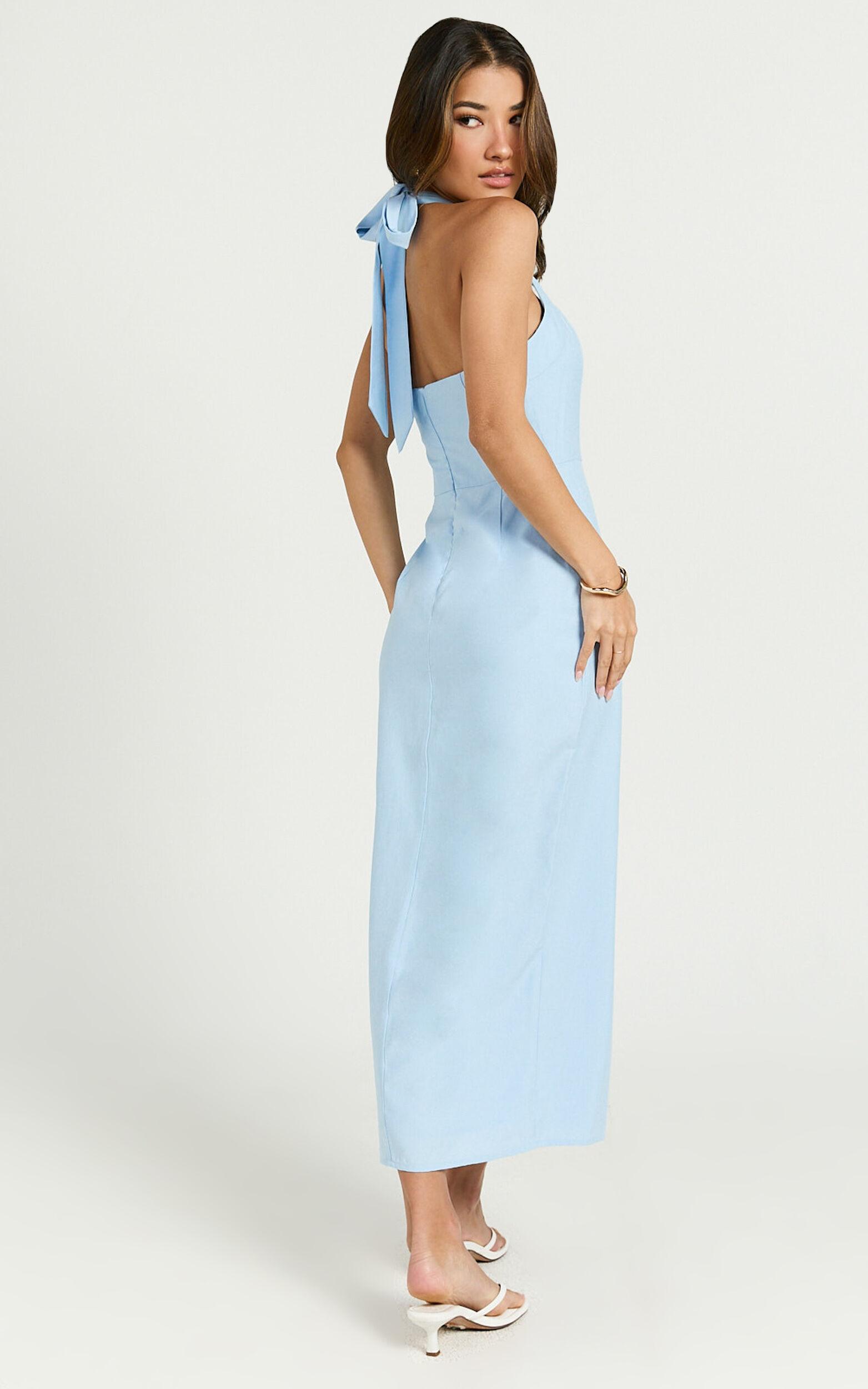 Darcy Midi Dress - Halter Fitted Side Split Dress in Blue Product Image