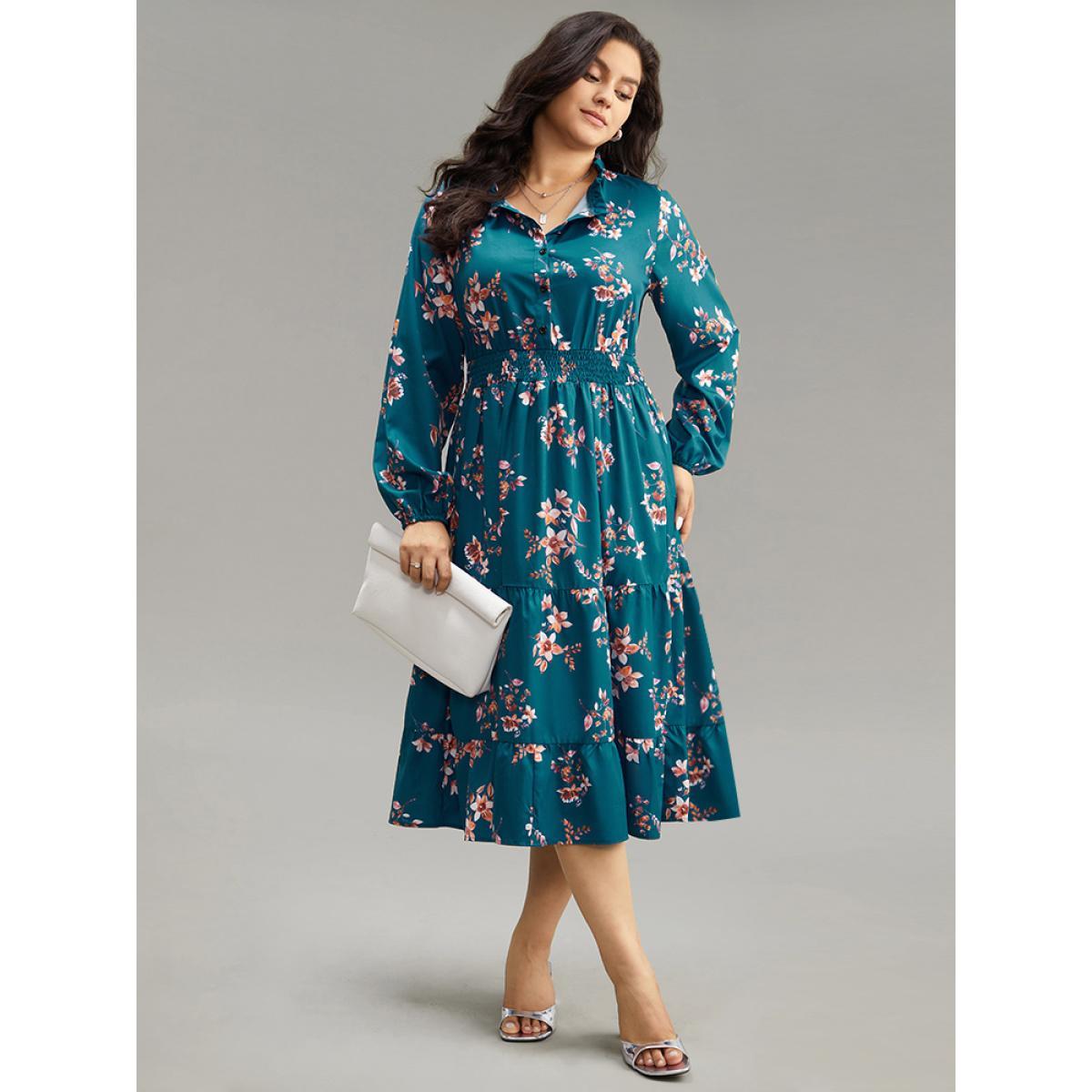 Plus Size Floral Shirred Button Up Frill Trim Dress Aegean Women At the Office Elastic cuffs Stand-up collar Long Sleeve Curvy Midi Dress BloomChic 30/6X Product Image